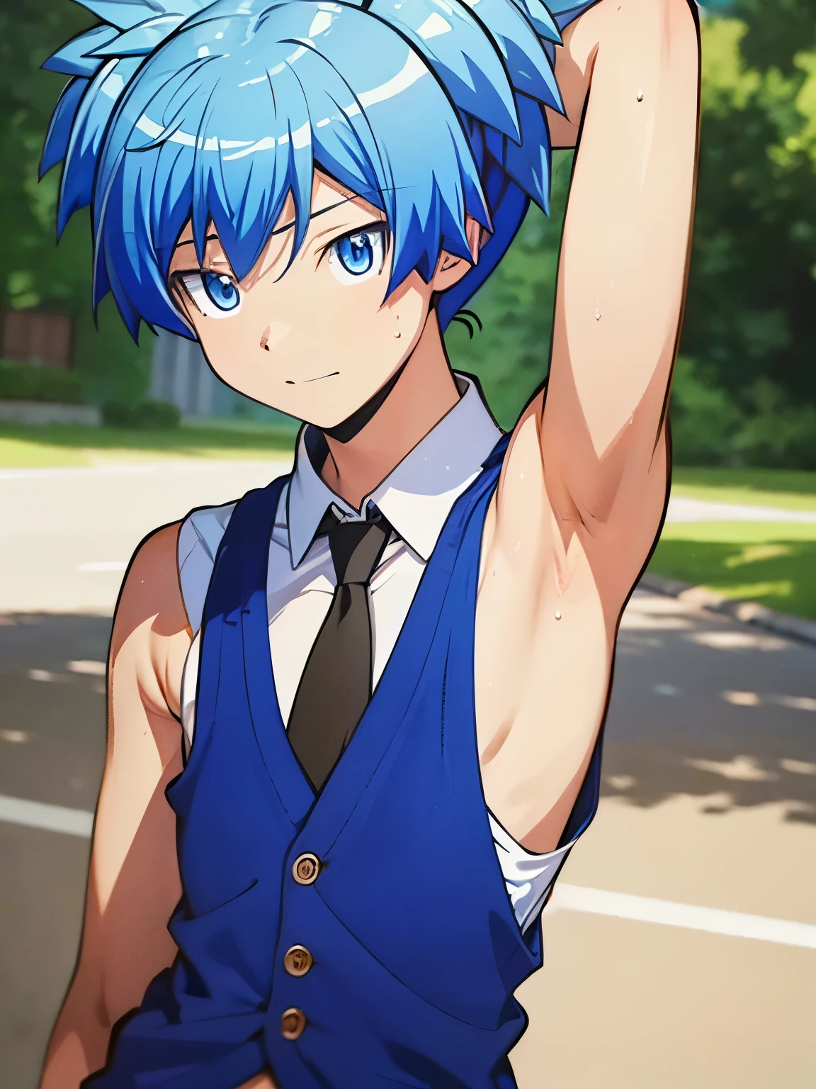 highres,Masterpiece， Best quality at best,Best Quality,hight quality, hight detailed, realistic, photorealistic, Anime style, 1boy, solo, boy focus, looking at viewer, upper body, shiota_nagisa, blue hair, blue eyes, Tank top, (Showing armpit), sweat, necktie, vest, short twintails