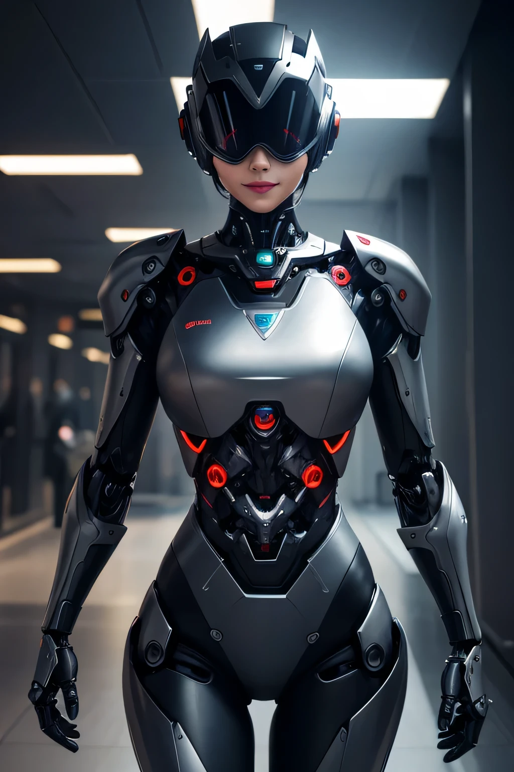 A woman turned into an evil robot mechanical body The head is also mechanized. Visor-covered eyes There's a smile on your lips A man is standing behind her The background is indoors, UHD, retina, masterpiece, ccurate, anatomically correct, textured skin, super detail, high details, high quality, award winning, best quality, highres