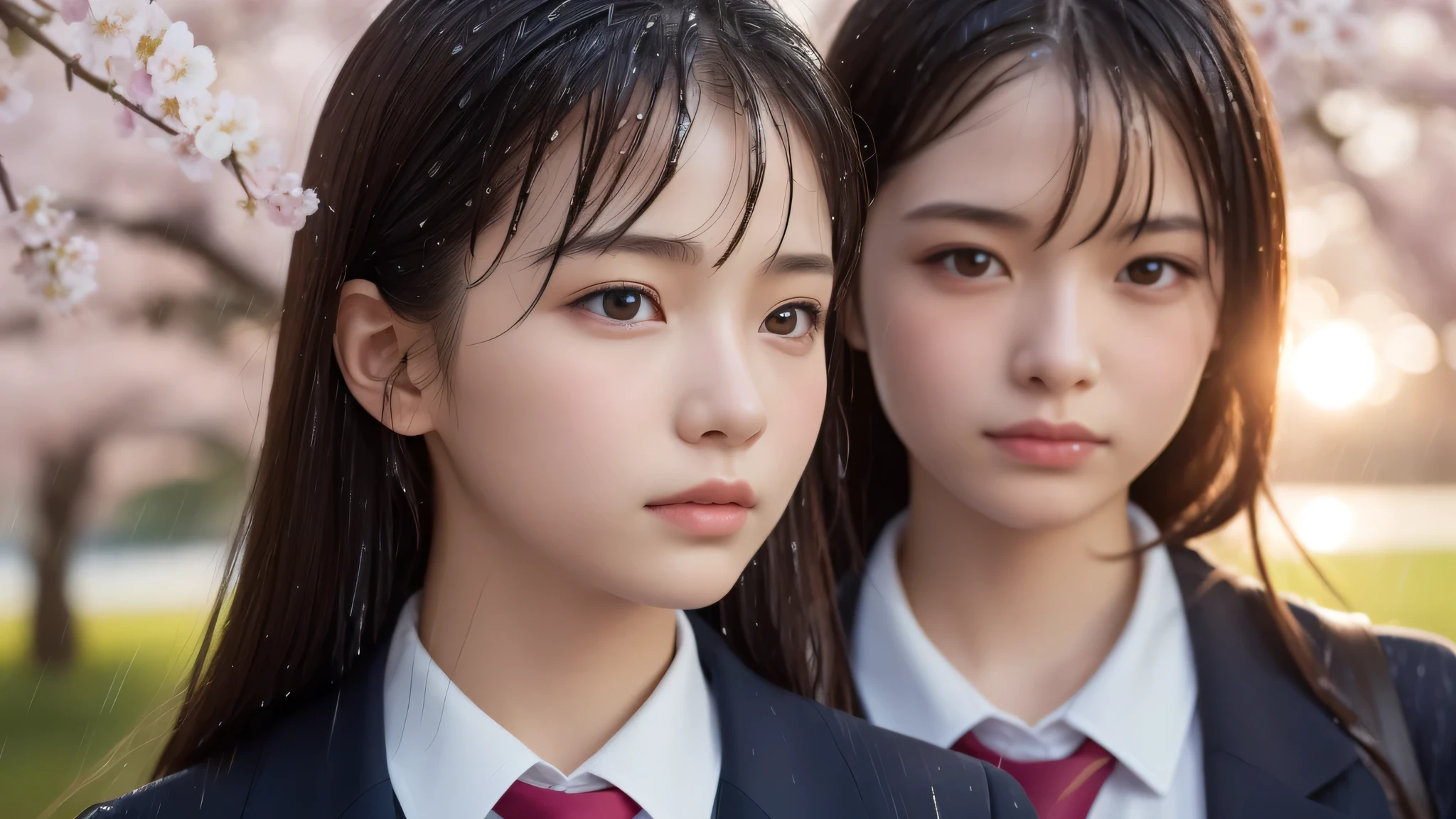 (2girls:1.2), (yo), (young face:1.2), (Best Quality:1.4), (Ultra-detailed), (extremely detailed beautiful face), Amazing face and eyes, brown eyes, (highly detailed Beautiful face), (high school uniform:1.2), (extremely detailed CG unified 8k wallpaper), Highly detailed, High-definition raw color photos, Professional Photography, Realistic portrait, Extremely high resolution, cherry blossoms, (School uniforms soaked in the rain, sun after rain:1.2), (close up of face, wet hair), cherry blossoms, sun, evening