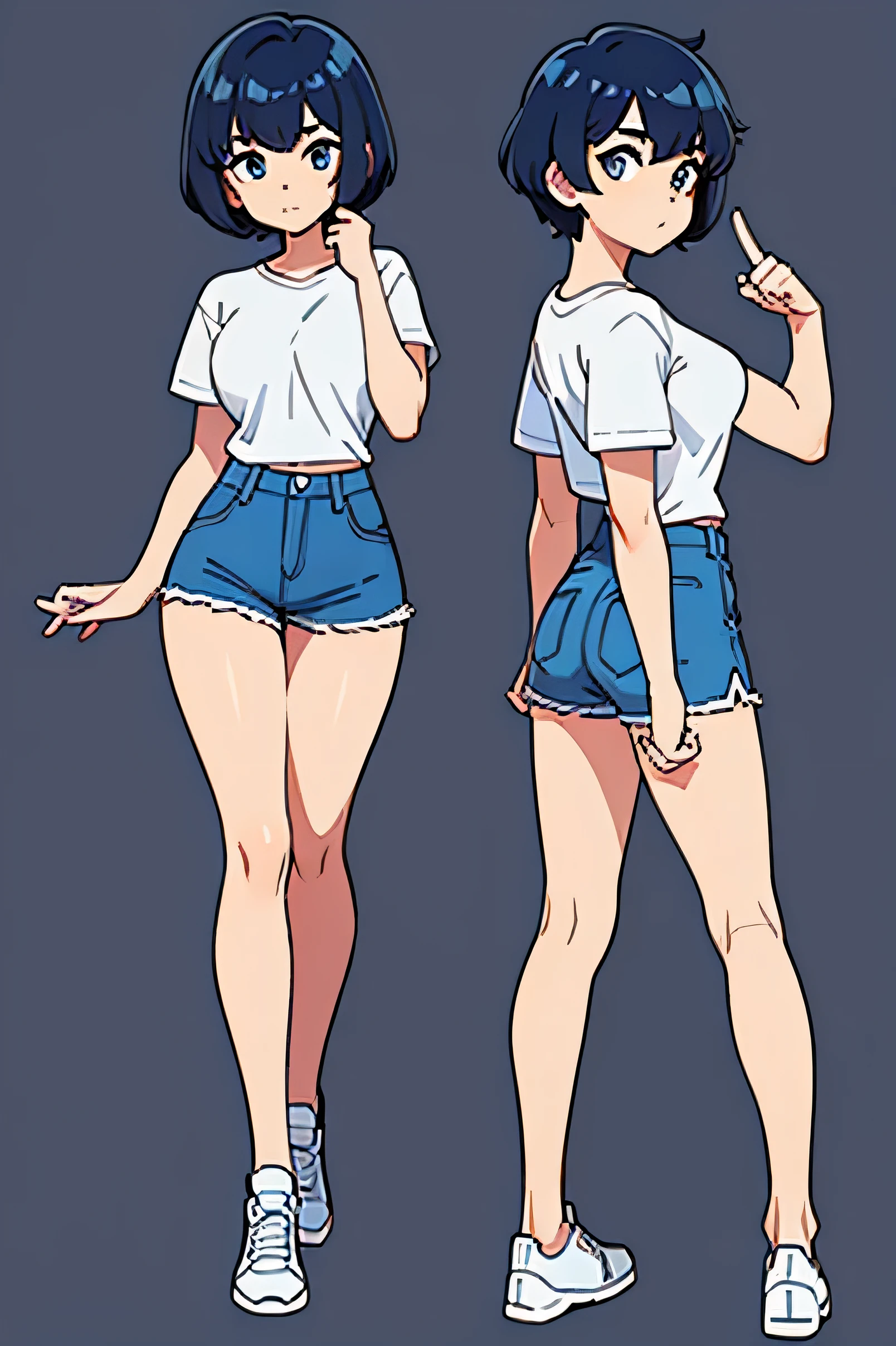 girl with short curly hair and white tshirt and blue shorts and point with a finger to the vertical right side full body 