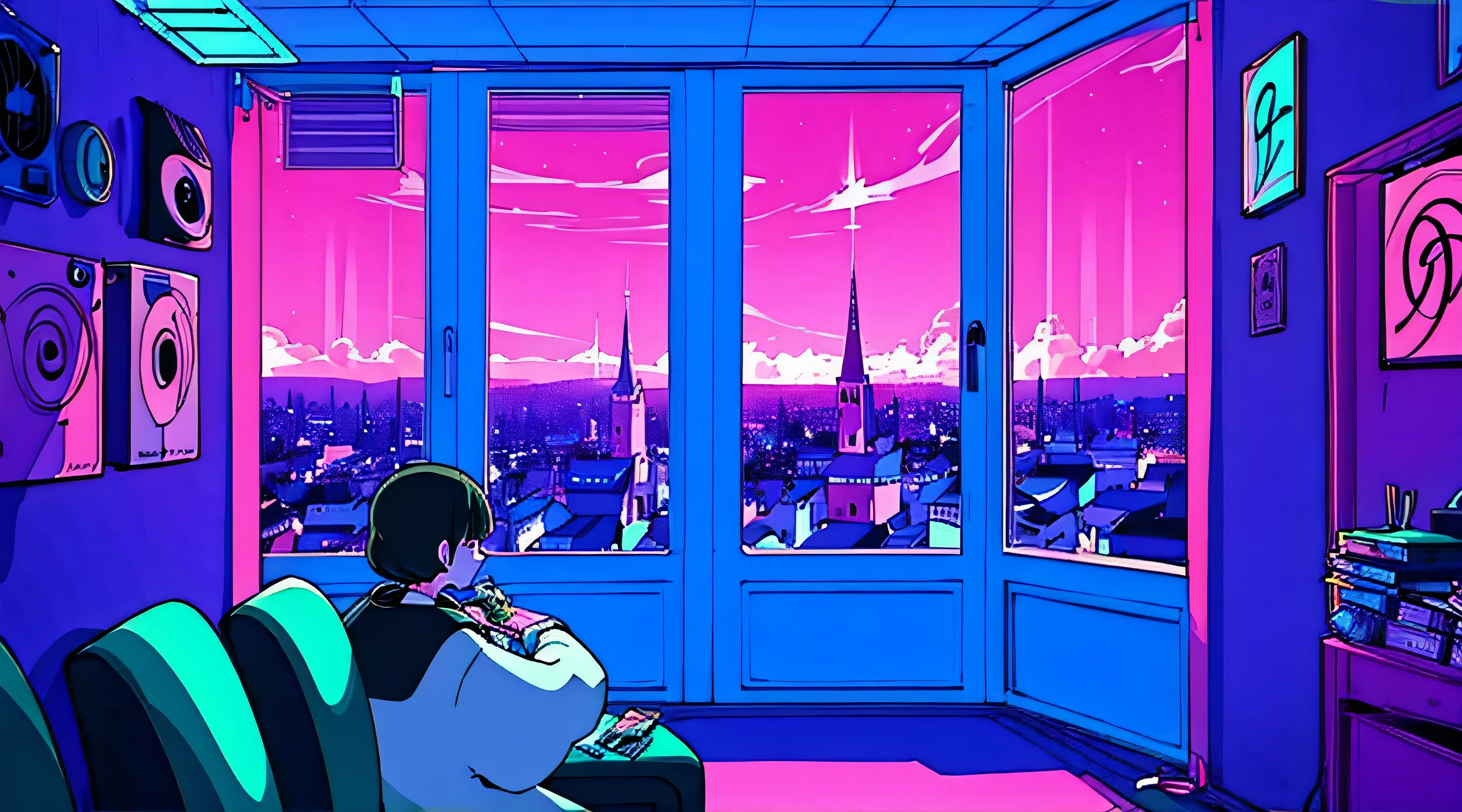 (from behind), Garota de anime sentada em frente a um computador em um quarto aconchegante, girl listening to music in a cozy room (noite), usando fones de ouvido, no telhado, (beautiful noite views from windows), muitas coisas, estilo anime 2d, The aesthetics of anime in the 90s, lo-fi, muito detalhado, hard disk, Uma mistura de estilo anime e Fujifilm, Surreal, 8k, obra de arte