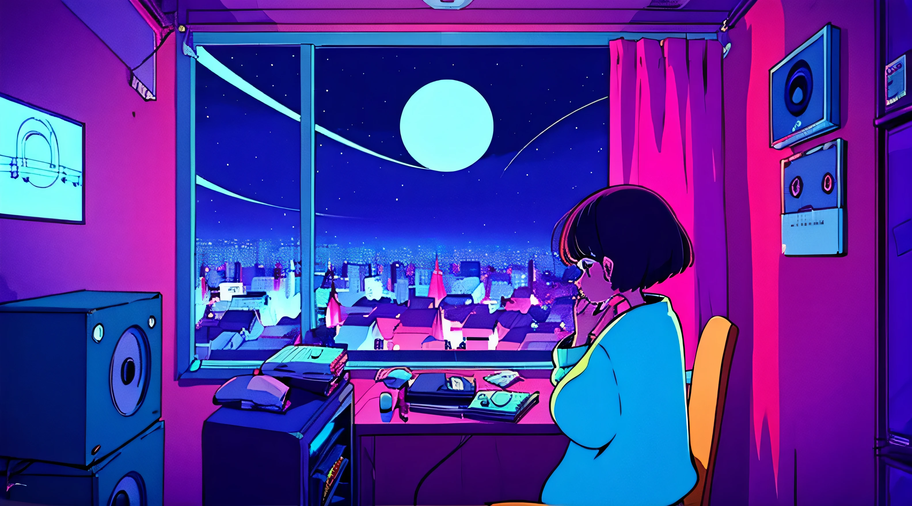 (from behind), Garota de anime sentada em frente a um computador em um quarto aconchegante, girl listening to music in a cozy room (noite), usando fones de ouvido, no telhado, (beautiful noite views from windows), muitas coisas, estilo anime 2d, The aesthetics of anime in the 90s, lo-fi, muito detalhado, hard disk, Uma mistura de estilo anime e Fujifilm, Surreal, 8k, obra de arte