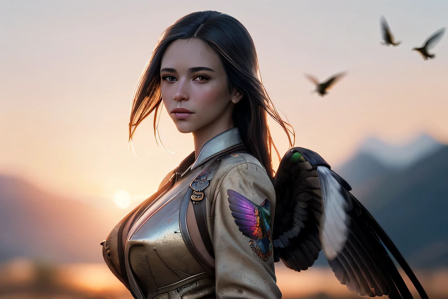 (masterpiece), (very complicated:1.3), (realistic), girl portrait, the most beautiful in the world, (hummingbird-like wings), reflection, cowboy shot, outdoor, intense sunlight, distant mountains, Stunning female professional photo details, sharp focus, dramatic, Award history, cinematic lighting, Octane Rendering Unreal Engine, volumetrics dtx, (film grain, blurred background, blurred foreground, Bokeh, Depth of the bounds written, sunset, motion blur:1.3), thin clothing