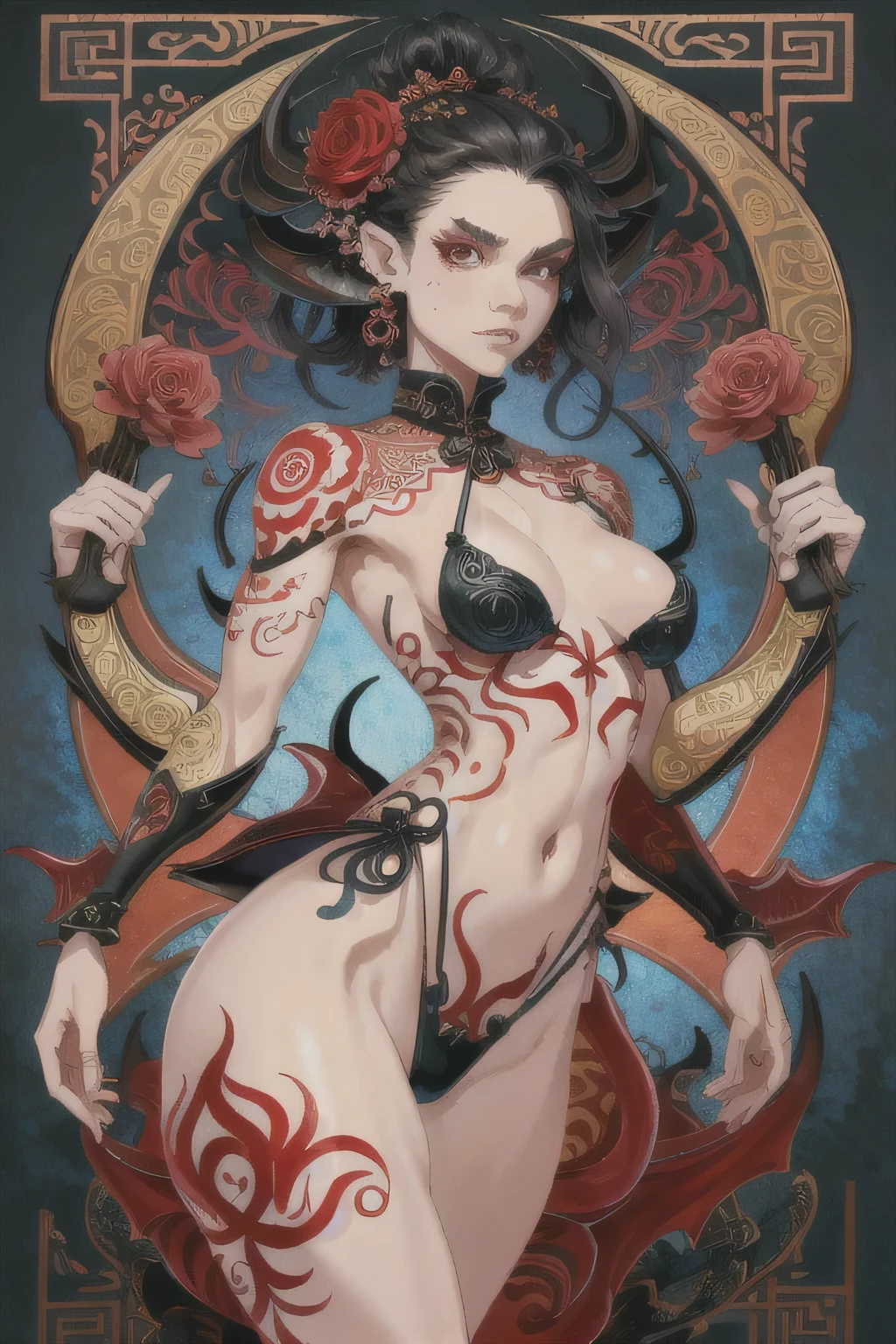 absurd, highres, ultra detailed, (ultra-detailed background, detailed background), extremely detailed, 1girl, demonic woman, red skin on arms, bouquet of black flowers, (zentangle:1.2), (geometric:1.2), colorful, full body, sexy pose, short clothes, dragon tattoo, stars, tiny thong, almost naked, muscular, perfect body, vietnamese ornaments, demon of japanese culture