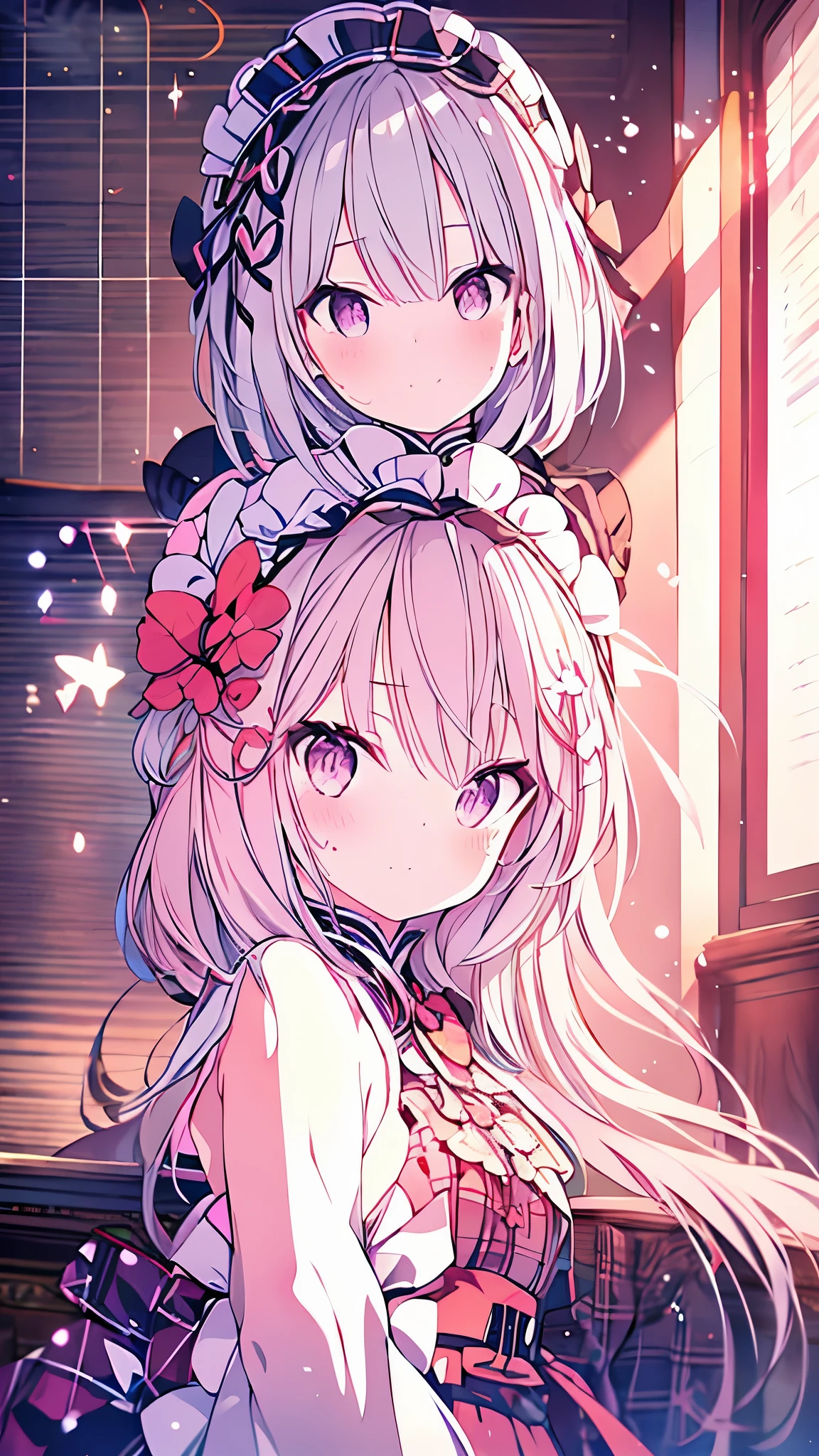 pink hair、gentle smile、pink eyes、soft smile、cuteフリフリのメイド服、blush one's face、Mysteriouodern style、frilly plaid skirt、Fluffy、maid Cafe、raise both arms、cute、