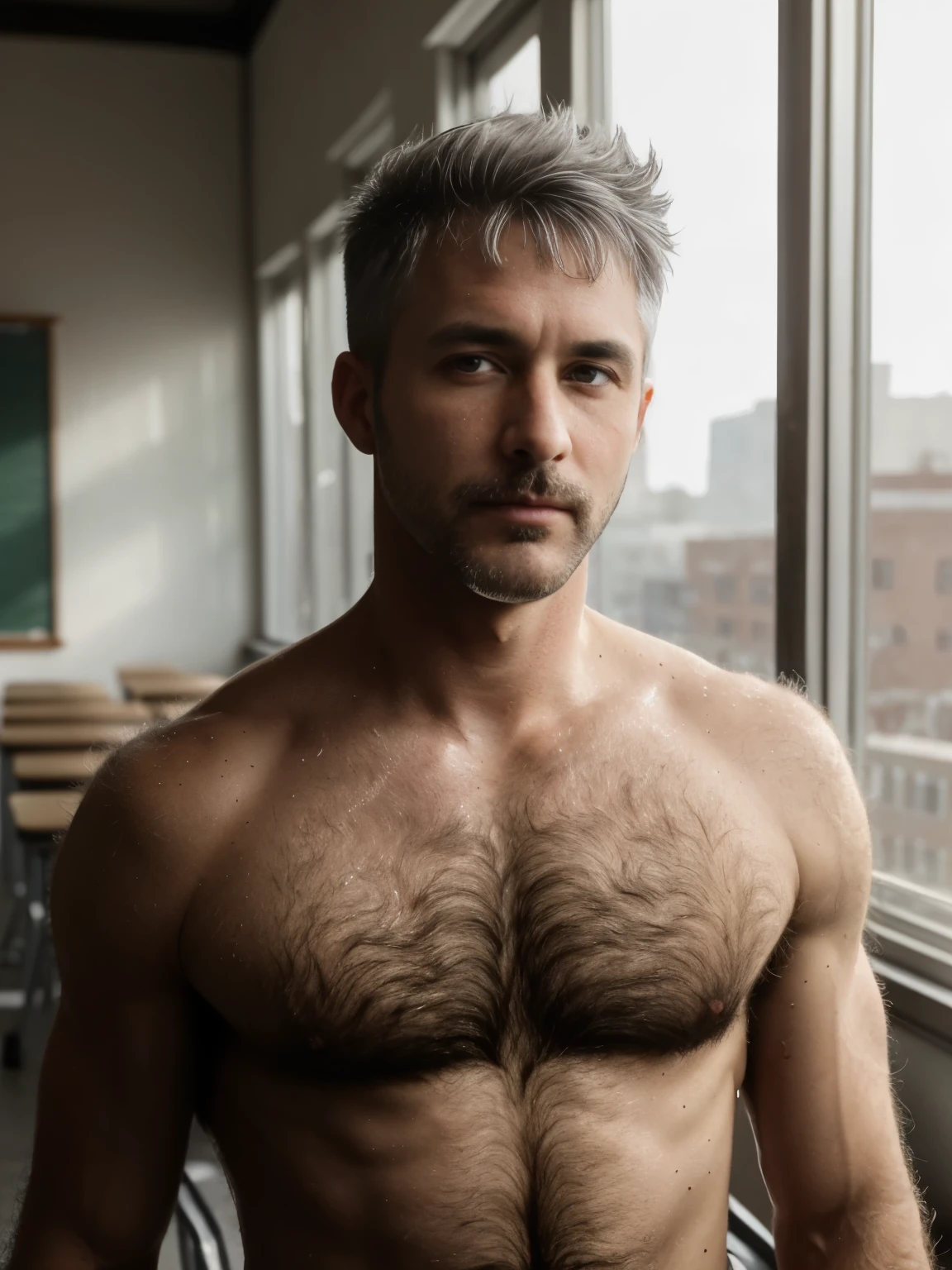 masterpiece, best quality, high resolution, closeup portrait, male focus, solo focus, A man, 45 years old, grey hair, in unbuttoned shirt, college professor, grey silver hair, silver white hair, old but fit, messy hairstyle, cute and seductive face, bare chest, body hair, facial hair, pale skin, sun freckles, roman nose, very skinny body, hairy legs, cute, dimples, beard, very hairy armpits, bold jawline, submissive pose,, sweaty, in the background a classroom, view from below, amazing composition, front view, HDR, ultra quality, elegant, highly detailed