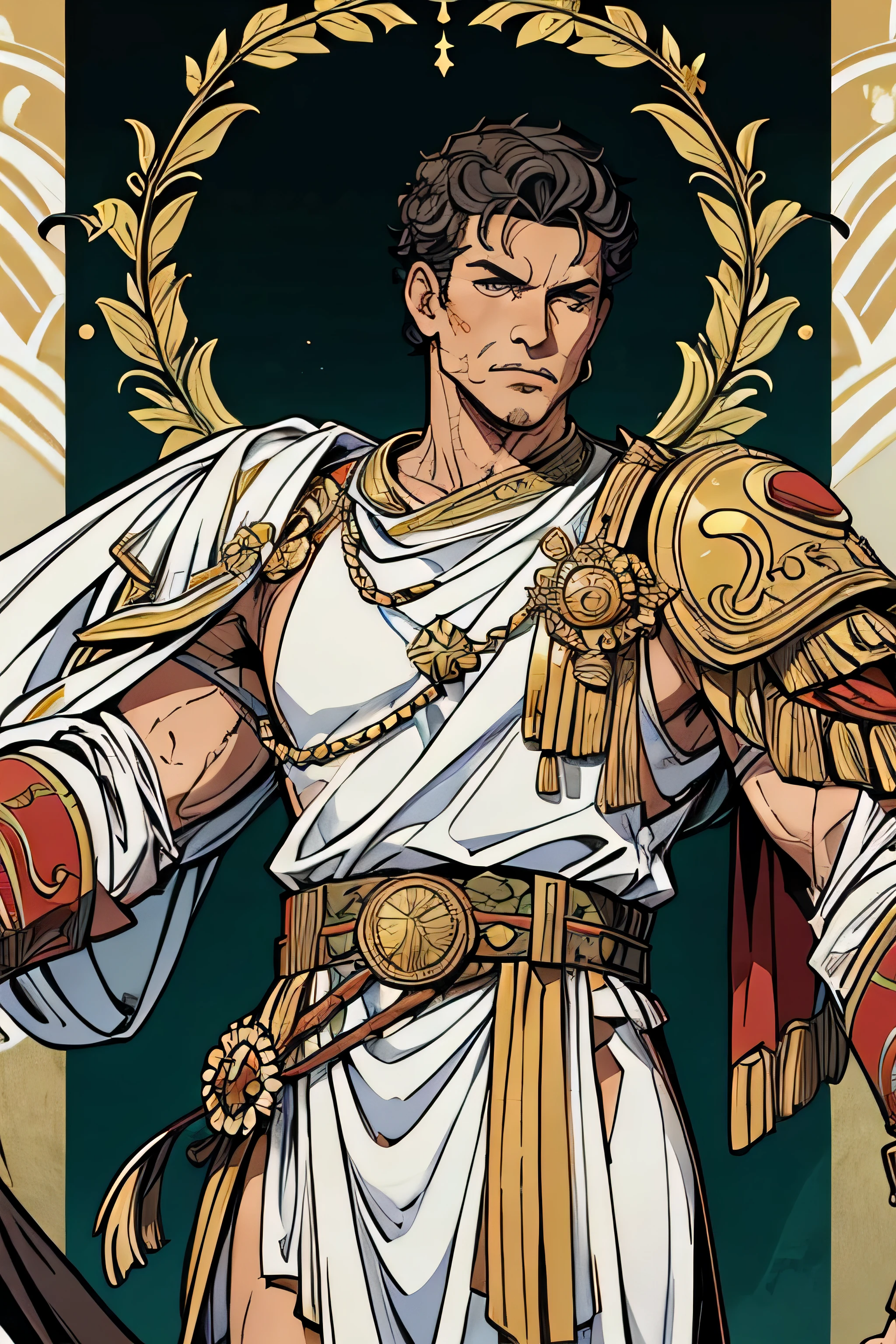 julio cesar, roman empire, looking direct to camera, close up on face, man, short hair, Greek laurels, majestic figure, Romam leader, emperor clothes, muscle, white man, leader figure, war clothes, war armor, general armor, coroa de louros gregos folhas, coroa de toga e louro.