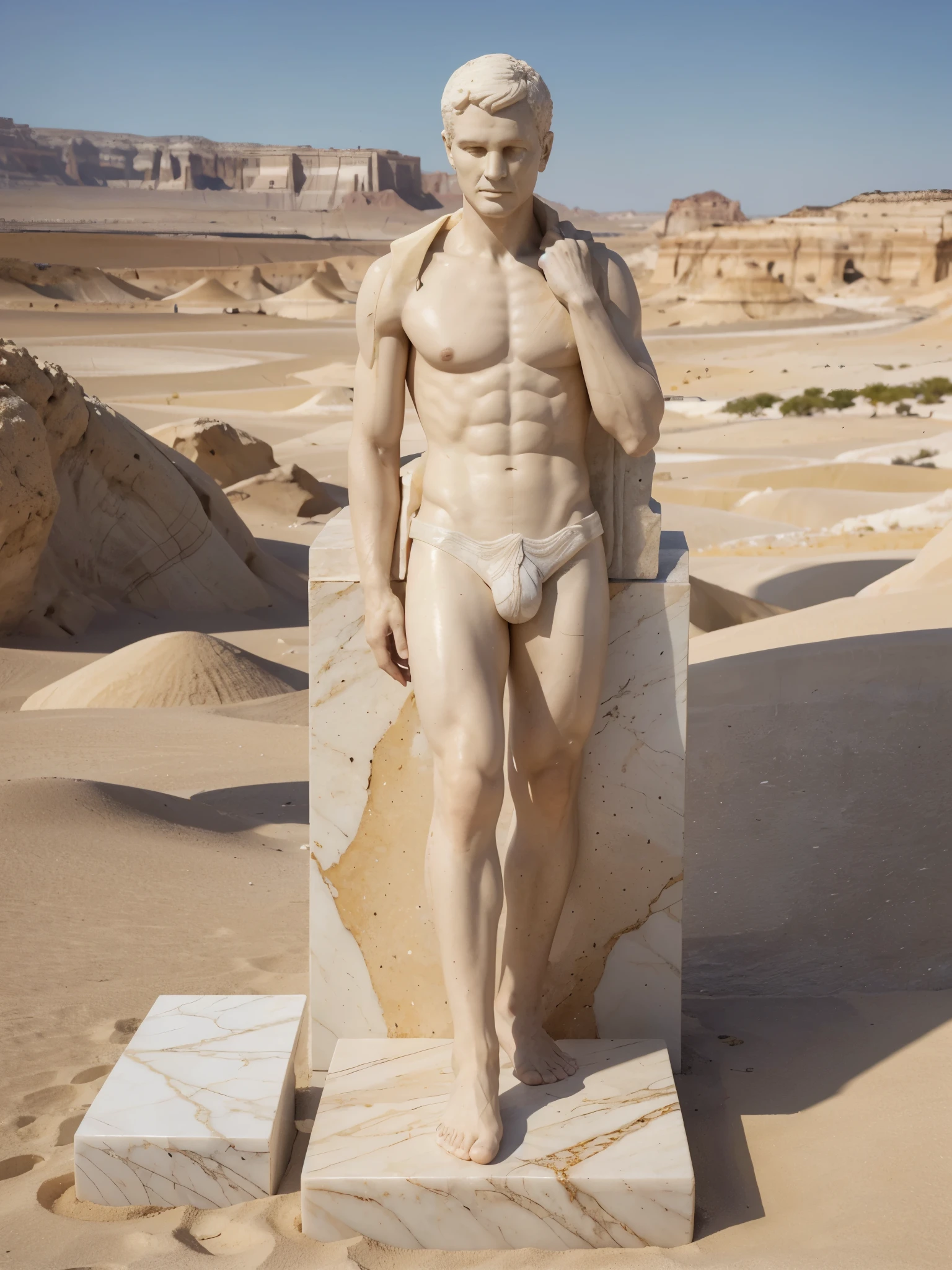 "Figura masculina, well-detailed feet, carved in marble, on a rectangular block of irregular marble, no deserto, stands out against the arid backdrop. Ambos esculpidos do mesmo material, com detalhes cuidadosos complementando a escultura."