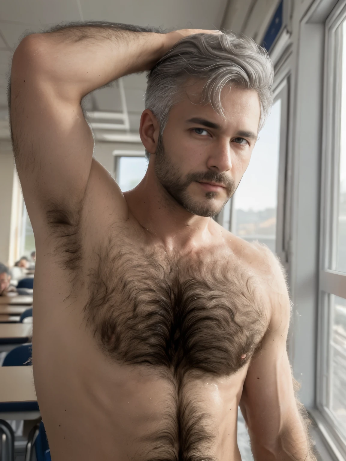 masterpiece, best quality, high resolution, closeup portrait, male focus, solo focus, A man, 45 years old, grey hair, in unbuttoned shirt, college professor, grey silver hair, silver white hair, old but fit, messy hairstyle, cute and seductive face, bare chest, body hair, facial hair, pale skin, sun freckles, roman nose, very skinny body, hairy legs, cute, dimples, beard, very hairy armpits, bold jawline, submissive pose,, sweaty, in the background a classroom, view from below, amazing composition, front view, HDR, ultra quality, elegant, highly detailed