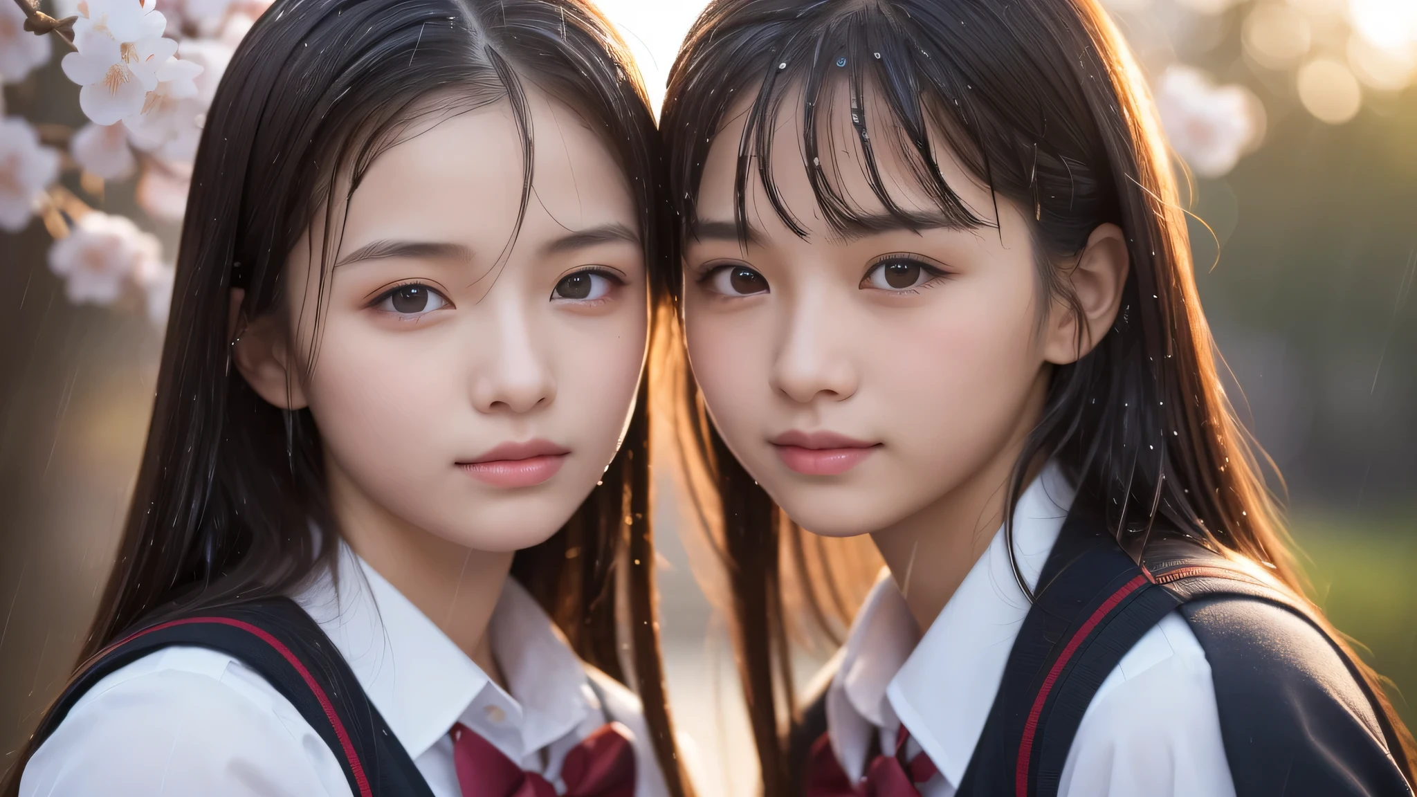 (2girls:1.2), (yo), (young face:1.2), (Best Quality:1.4), (Ultra-detailed), (extremely detailed beautiful face), Amazing face and eyes, brown eyes, (highly detailed Beautiful face), (high school uniform:1.2), (extremely detailed CG unified 8k wallpaper), Highly detailed, High-definition raw color photos, Professional Photography, Realistic portrait, Extremely high resolution, cherry blossoms, (School uniforms soaked in the rain, sun after rain:1.2), (close up of face, wet hair), cherry blossoms, sun, evening, sunset,