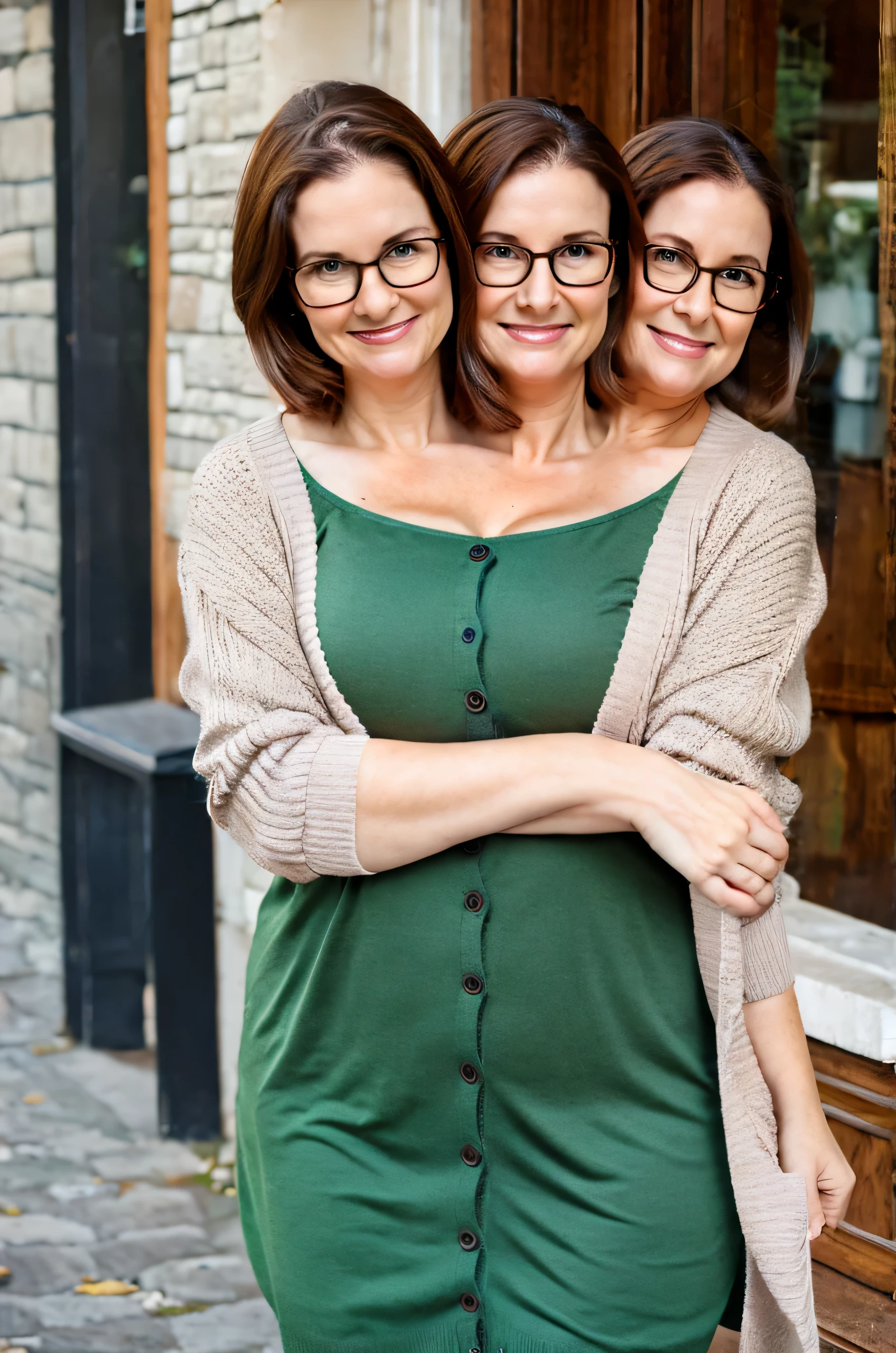 2heads, two-headed woman, age 46, overweight, bookish, very light brown hair, pale skin, glasses, cardigan, casual dress,