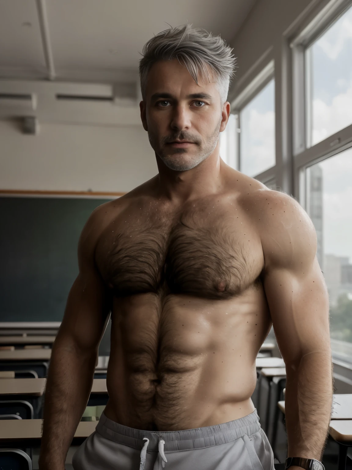 masterpiece, best quality, high resolution, closeup portrait, male focus, solo focus, A man, 45 years old, grey hair, in unbuttoned shirt, college professor, grey silver hair, silver white hair, old but fit, messy hairstyle, cute and seductive face, bare chest, body hair, facial hair, pale skin, sun freckles, roman nose, very skinny body, hairy legs, cute, dimples, beard, very hairy armpits, bold jawline, submissive pose,, sweaty, in the background a classroom, view from below, amazing composition, front view, HDR, ultra quality, elegant, highly detailed