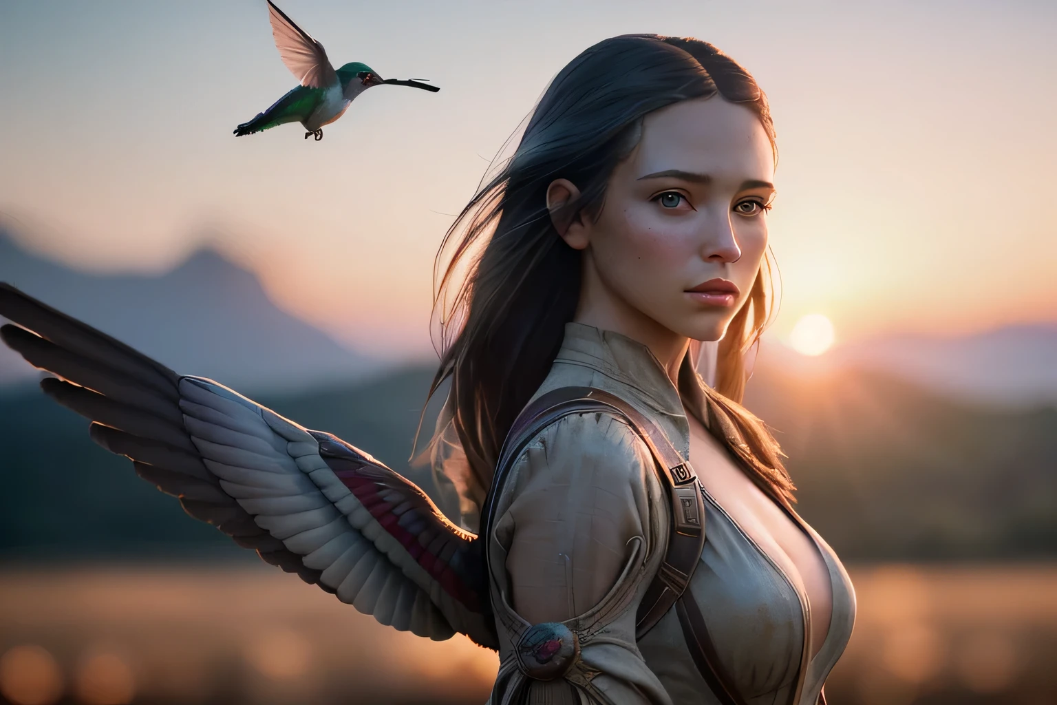 (masterpiece), (very complicated:1.3), (realistic), girl portrait, the most beautiful in the world, (hummingbird-like wings), cowboy shot, outdoor, intense sunlight, distant mountains, Stunning female professional photo details, sharp focus, dramatic, Award history, cinematic lighting, Octane Rendering Unreal Engine, volumetrics dtx, (film grain, blurred background, blurred foreground, Bokeh, Depth of the bounds written, sunset, motion blur:1.3), thin clothing