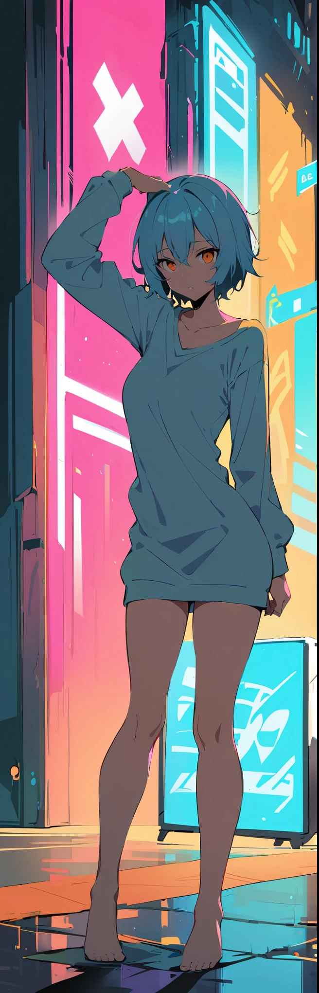 (best quality:1.2),1girl,solo,standing_split,Ayanami Rei, ((naked)), blue hair,bangs,interface,hair between eyes,pixelated background,neon lights,sci-fi color scheme,vivid colours, (((NSFW)))