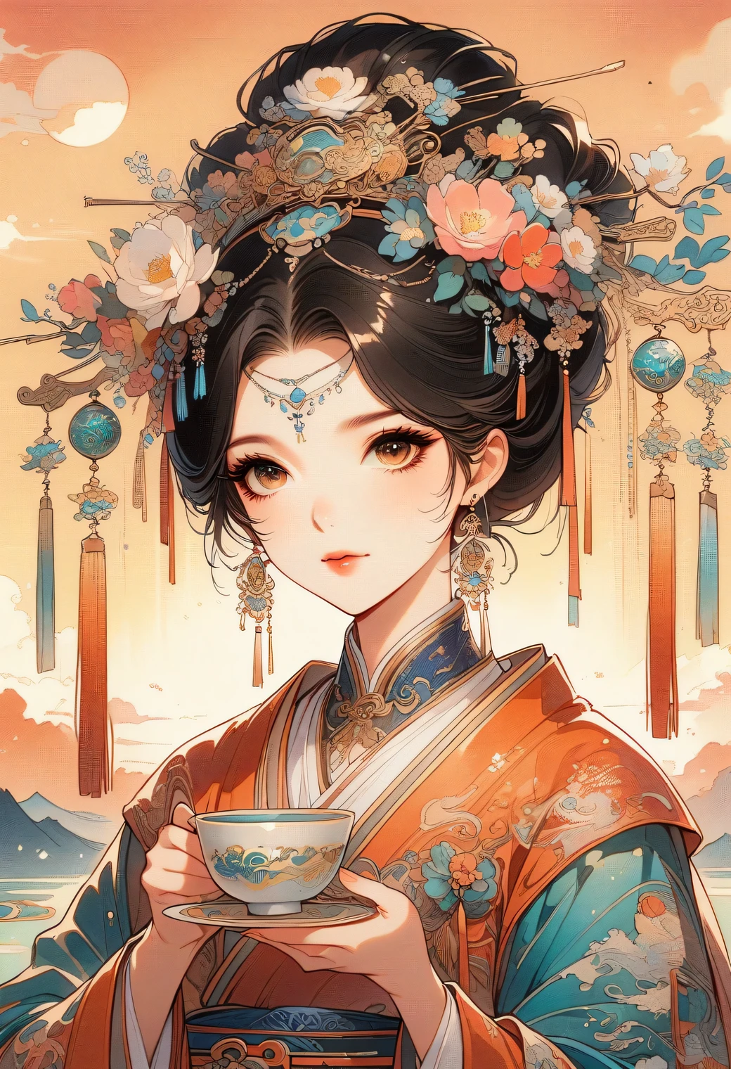 ((Best quality)) , ((Masterpiece)) , (Detailed) , (((card game illustration))),Scribbled brushstrokes of the gloomy digital age (woman:1.3) Hold a tea , She was curious, Women have geometrically shaped noses, She wears Jellaba, Jellaba is retro-futuristic, It has vintage details on it, Exercise posture, 靠近 Chibi Christ the Redeemer, At sunset, Surprising, suns rays, Macro lens, 8K resolution. This scene embodies the tranquility and beauty of classical Chinese art, with a touch of nature,Chinese illustration,flat illustration,Marker drawing,Colored ink on paper,Vector illustration