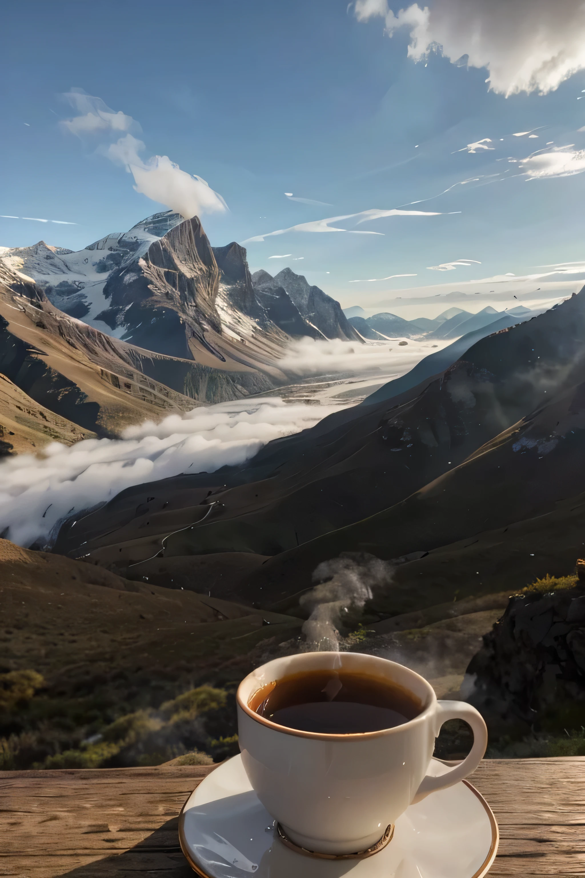 Create a banner for a webpage featuring a steaming cup of mate against a backdrop of majestic mountains. Ensure the scene evokes a sense of serenity and adventure, inviting viewers to indulge in the warmth of the moment. Capture the essence of relaxation and natural beauty, with the promise of an unforgettable experience