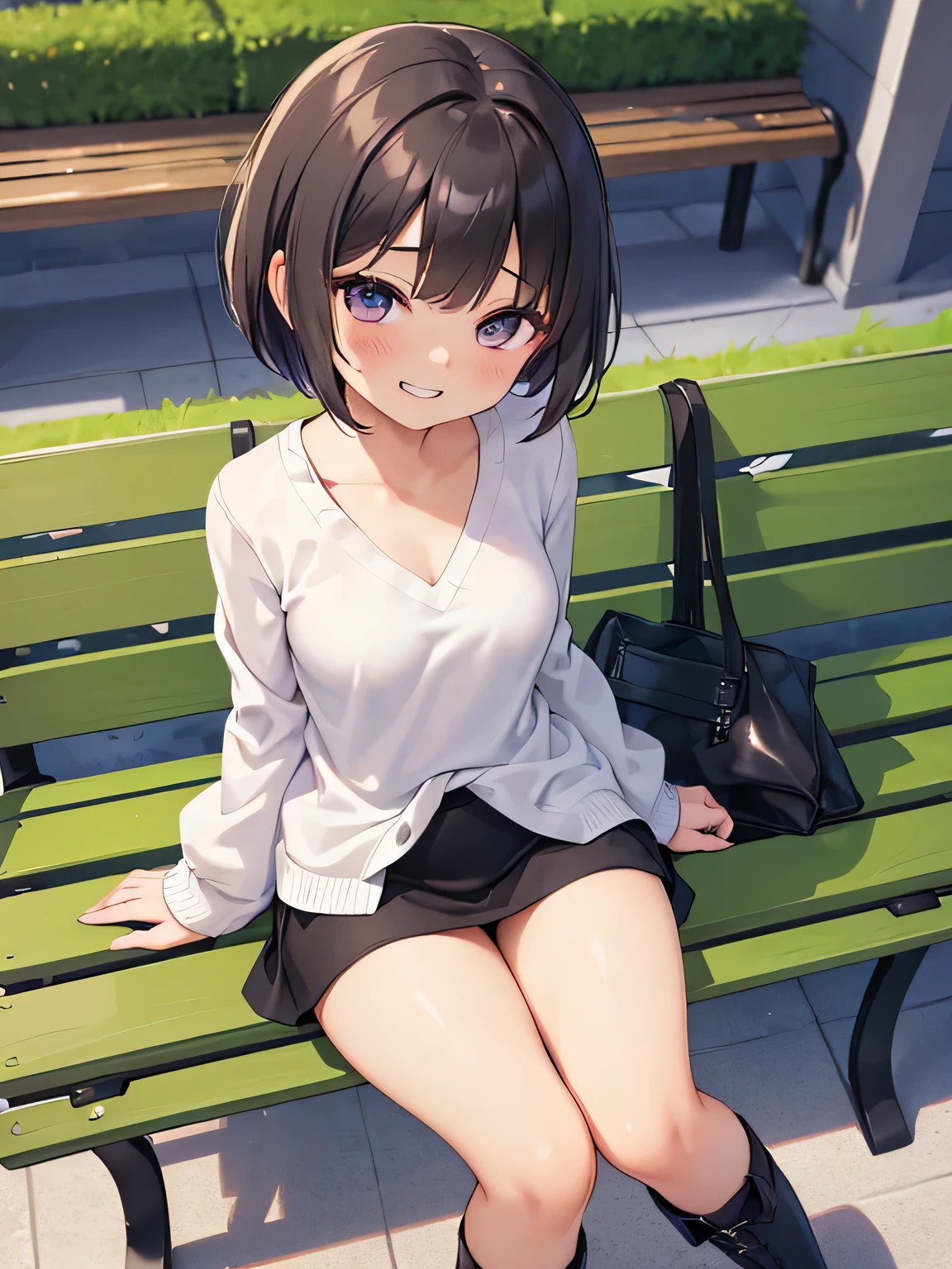 (masterpiece、highest quality、High resolution、realistic pictures、real looking skin:1.1)、
(A woman sits with her thighs closed on a bench in a shopping mall:1.8)、
(The skirt is so short that you can almost see her panties.:1.8)、
(looking at her from a slightly higher perspective:1.8)、
(A provocative and grinning expression:1.8)、
(I am wearing a white long-sleeved narrow V-neck knit:1.8)、
(She is wearing a tight black mini skirt:1.8)、
(I'm wearing black middle boots:1.8)、
(The panties are purple and have a pattern on them.:1.5)、
(brown short hair:1.5)、
(small face:1.5)、
(she is 22 years old:1.5)、
(She has D cup breasts:1.5)、
(The place is a bench in a shopping mall.:1.5)、
1 Japanese girl、solo、full body esbian、beautiful eyes、shining eyes、Shining thighs、NSFW