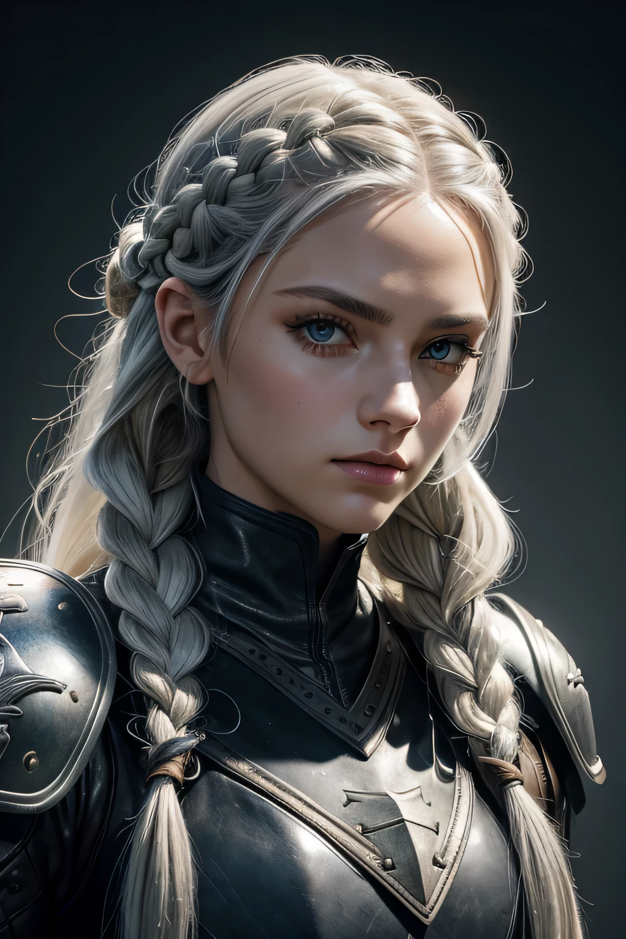 1 female ranger, long white hair, braided hair, grey eyes, beautiful face, wearing leather armor, absurdres, high res, ultrasharp, 8K, masterpieceThe image should be of absurd resolution and high detail. It should be ultra-sharp and available in 8K resolution, representing a masterpiece in image quality.