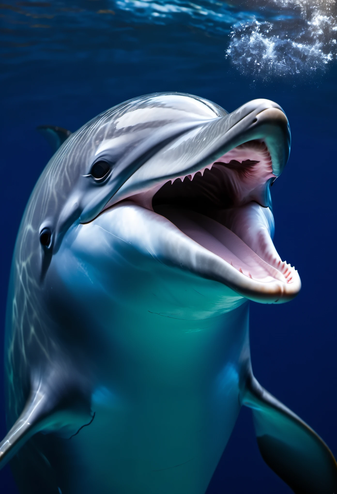 Bottle nosed dolphin winking in outer space (with tongue sticking out from the side) photo taken of the right side of his face