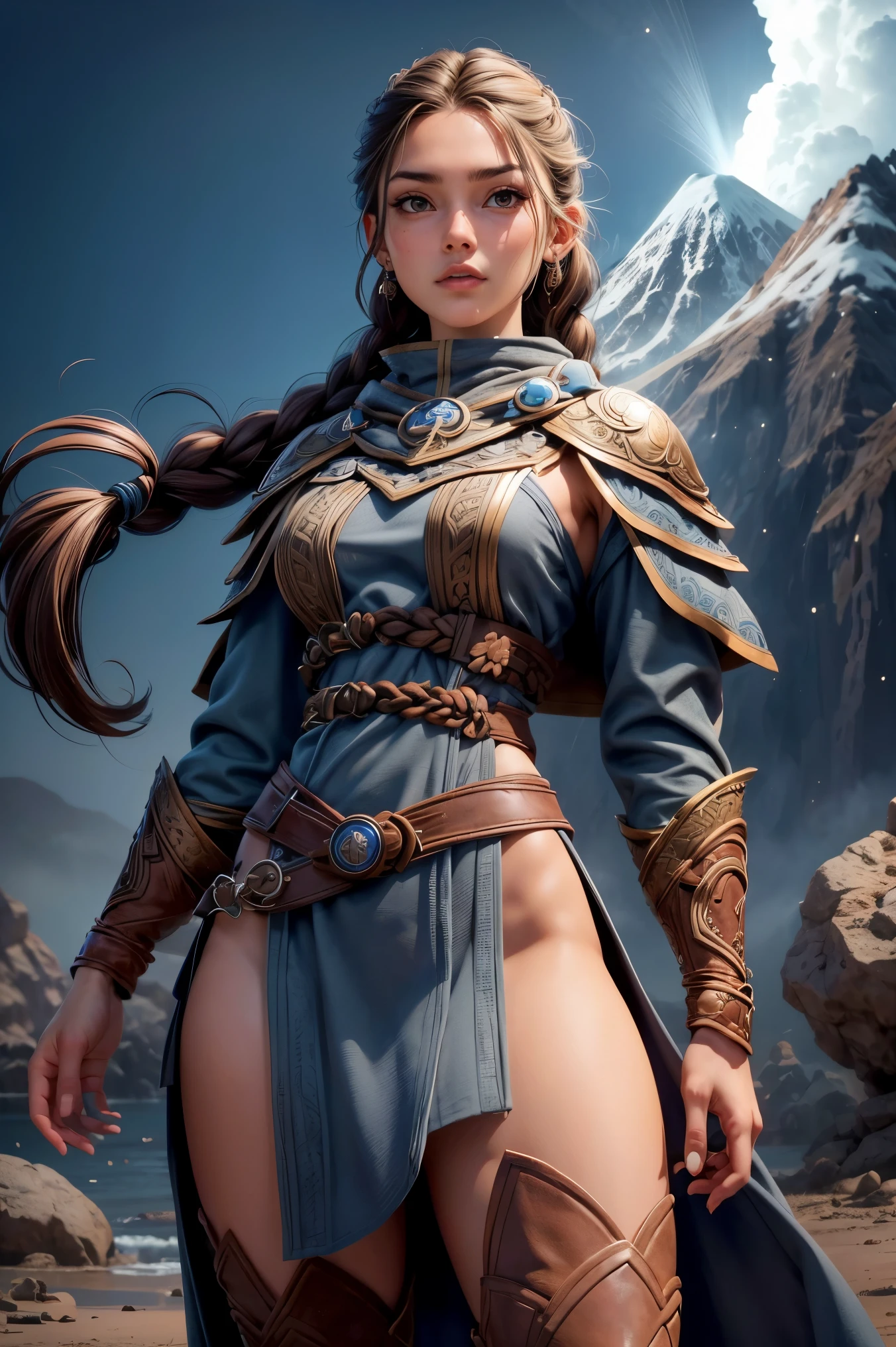 (Obra maestra, La mejor calidad) (young warrior woman of nordic descent), (Brown eyes), (Muscular), (falda de piel), (falda corta) (brown hair color),(loose hair with small braids on the scalp), (top con correa de cuero) plumas, capa sobre el hombro, bufas, (azul, gray and brown suit), (volcanes), (energy elements), (aura), (Onda), (particles, and harmony).
