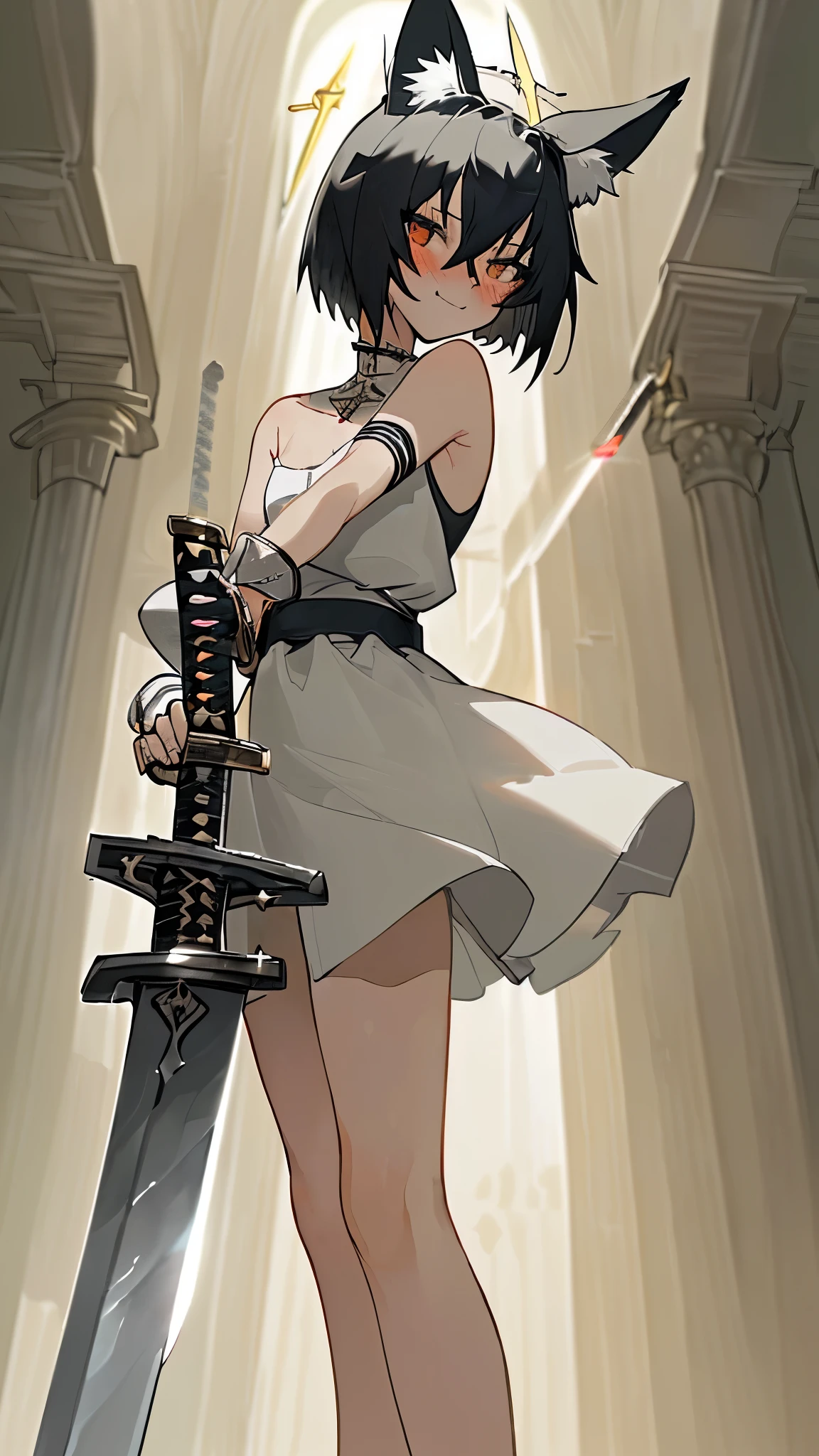 Masterpiece, Ultra high graphic, 1 Girl, ((Fran)), Black short hair, hair between eyes, Cat ears, ((Standing holding a holy sword:1.4)), (Fighting pose girl) Random low angle, cute, looking at viewer, blushing, little smile, mid-chest, spread legs, day atmosphere, soft skin, ((Hills)), beautiful