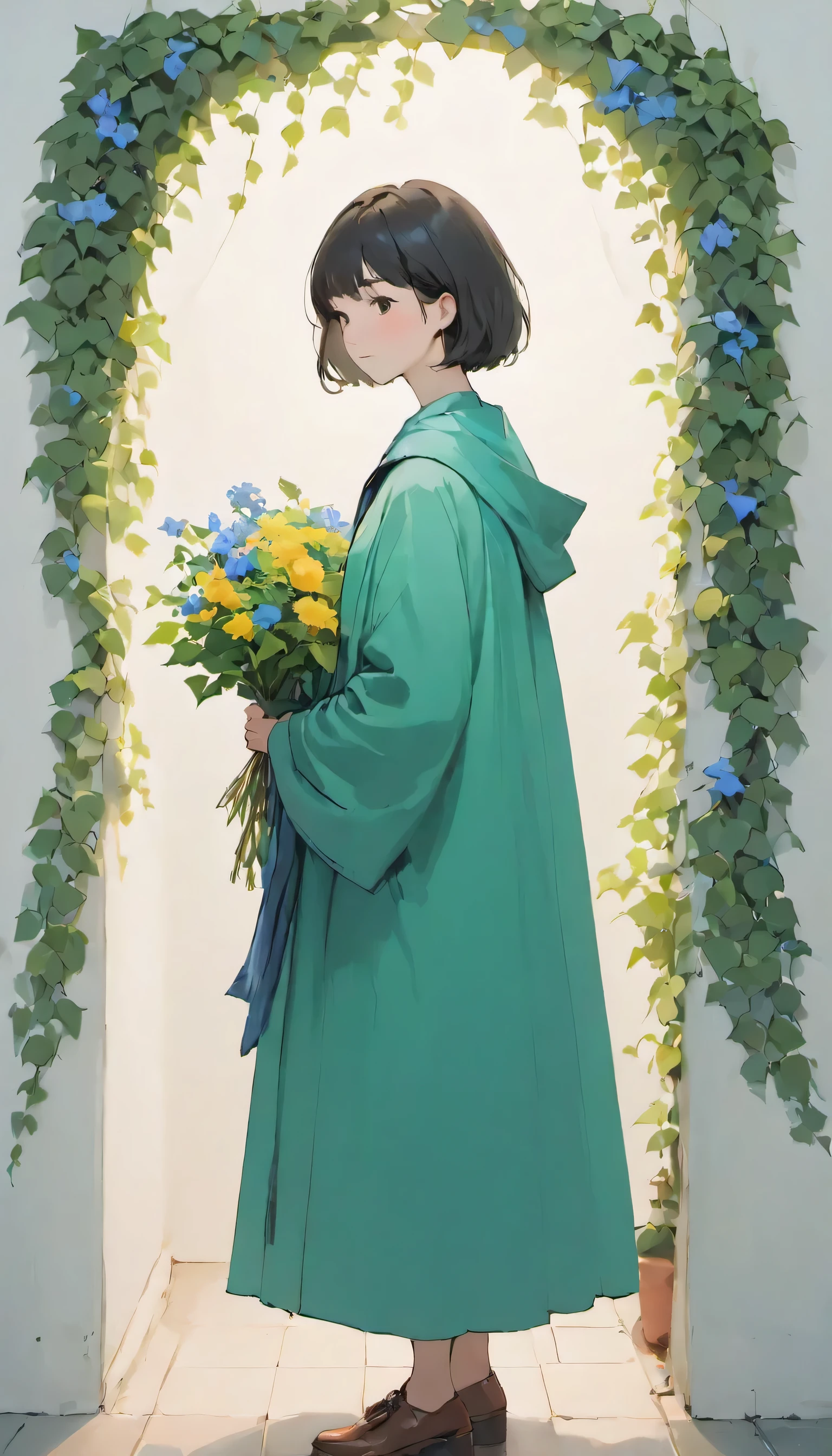 A woman standing in front of a white wall with a bouquet of flowers, with short hair, lofi girl, With ivy, wearing blue-green clothes, with flowers, low quality photos, with cloak, green clothes, photo shoot, enter smoothly _ With background, lofi girlの美学, 🤤 girl portrait, beautiful!!, wears long flowing clothes, casual pose, Simple aesthetics