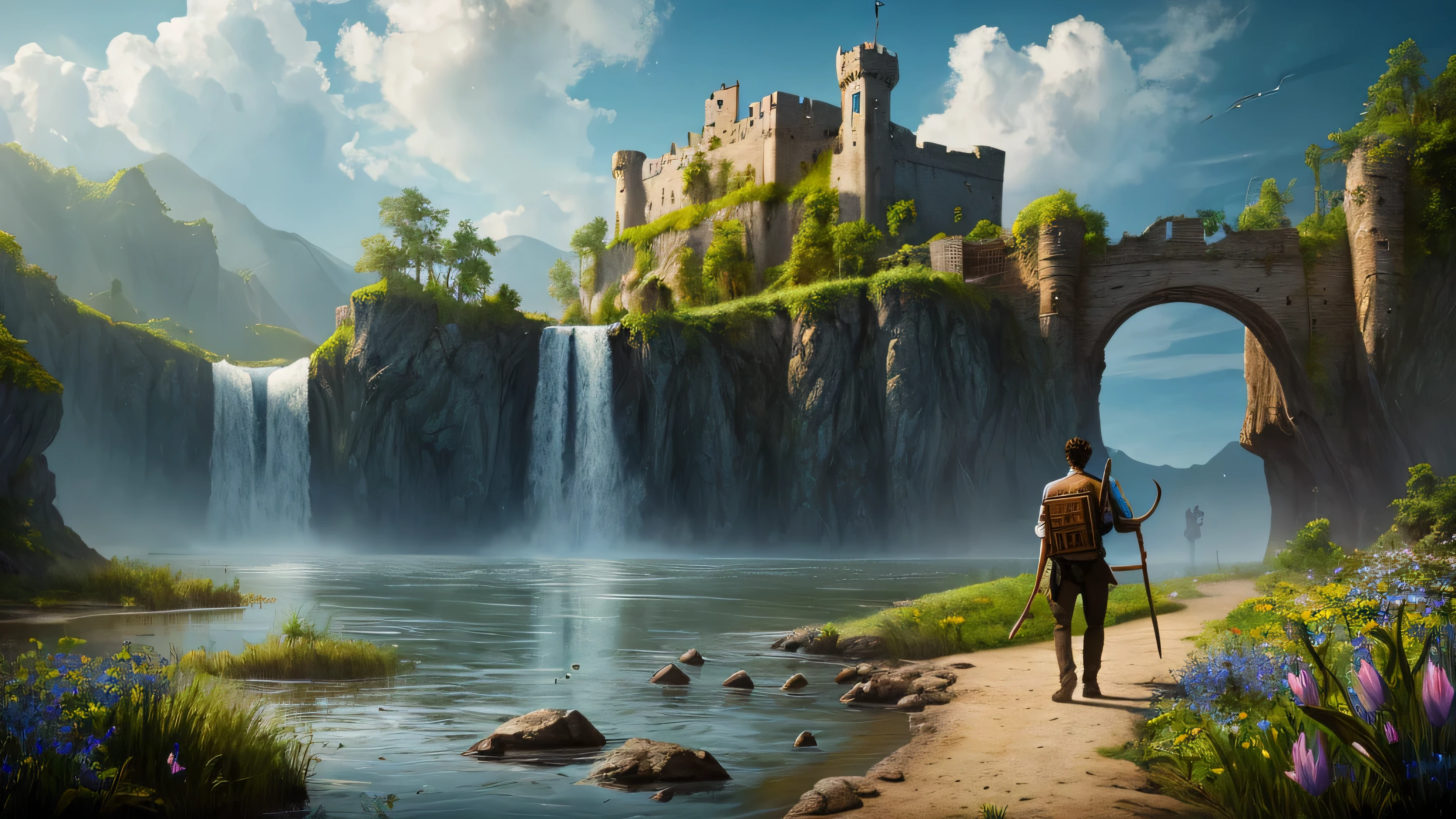 masterpiece, high fantasy, 8K resolution, concept art, scenery, water, null, Day, wood, cloud, waterfall, outdoor, ruined castle of civilization, nature, river, blue null, ((1 girl)), he is wearing a brown sturdy cloth,he carries an instrument on his back、 spring