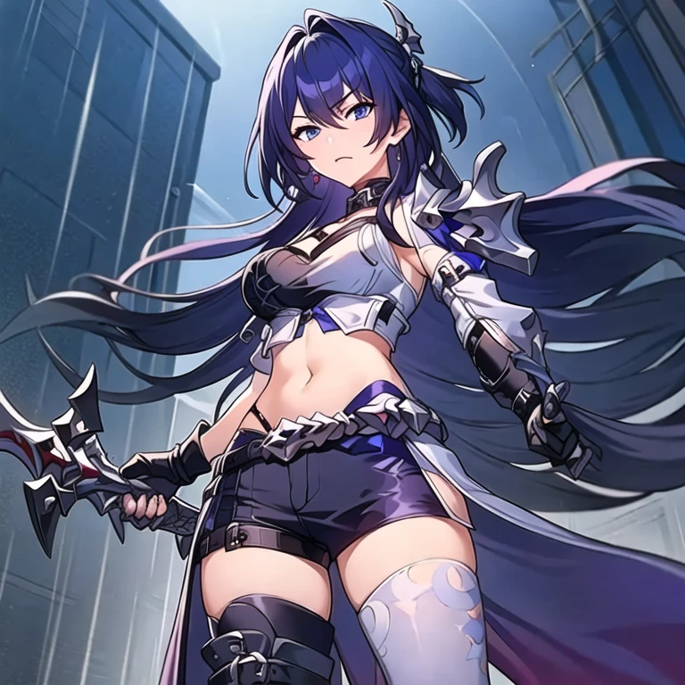 (masterpiece, best quality:1.2), 1girl, solo, Acheron, Style Honkai Star Rail, Rain, Goddess, Black Hole
1girl, armor, belt, black gloves, black shorts, breasts, coat, cowboy shot, gloves, holding, holding weapon, long hair, midriff, navel, short shorts, shorts, solo, standing, stomach, thighhighs, thighs, very long hair, weapon, wide sleeves