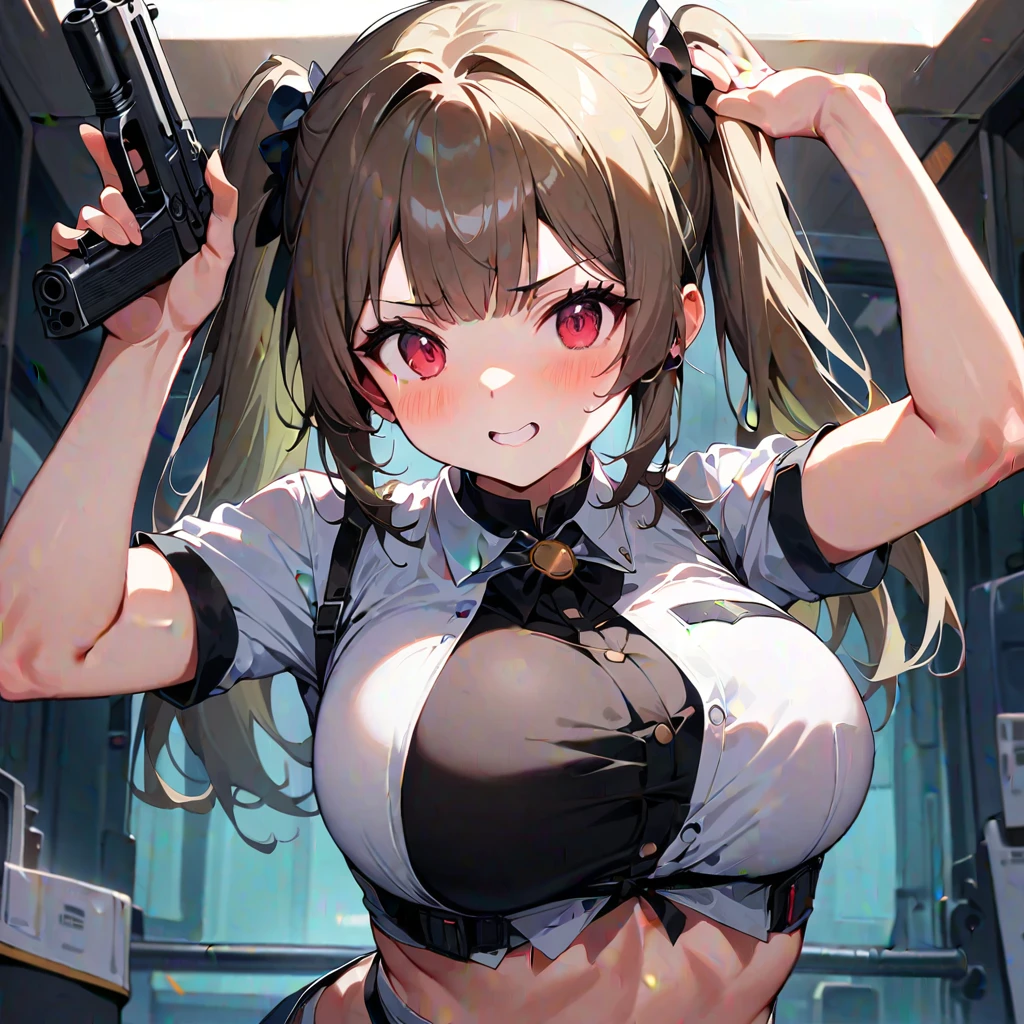 (masterpiece, best quality:1.2), 1girl, solo,  (twin uzi machine pistols:1.3), stand pose, 참조 시트, 캐릭터 디자인, 정면 각도, 측면 각도, 후방 각도, (최고의 품질:1.3)