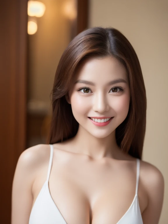 (realistic、masterpiece、Best Quality、8K、highres、high resolution:1.3)、1 glasses girl、smile, Huge breasts、white bikini、pale white skin、looking at viewers、super fine face and eyes、long hair、indoor、 upper body、