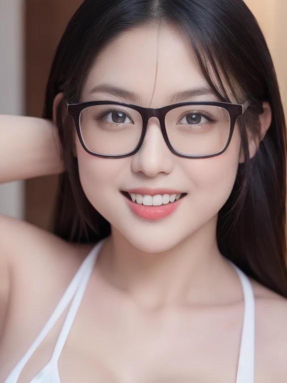 (realistic、masterpiece、Best Quality、8K、highres、high resolution:1.3)、1 glasses girl、smile, Huge breasts、white bikini、pale white skin、looking at viewers、super fine face and eyes、long hair、indoor、 upper body、