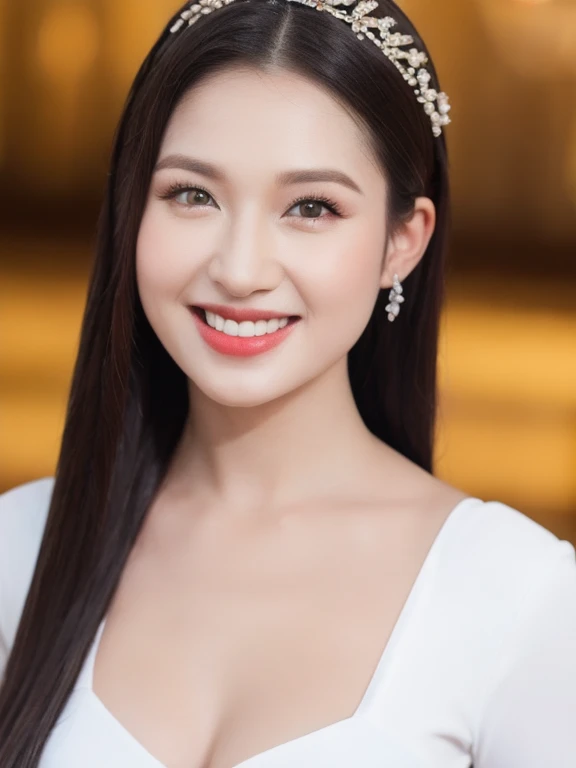 (realistic、masterpiece、Best Quality、8K、highres、high resolution:1.3)、1 girl、Huge breasts、smile, white bikini、pale white skin、looking at viewers、super fine face and eyes、long hair、indoor、 upper body、