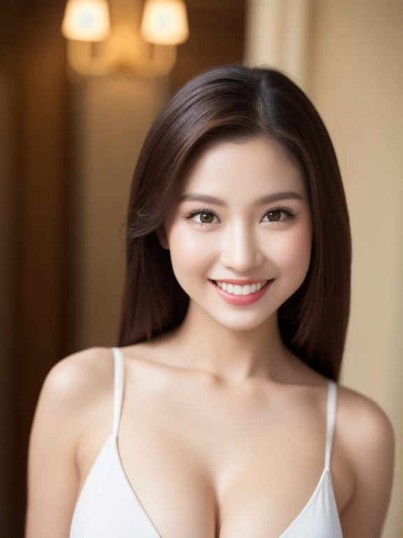 (realistic、masterpiece、Best Quality、8K、highres、high resolution:1.3)、1 girl、Huge 、smile, white bikini、pale white skin、looking at viewers、super fine face and eyes、long hair、indoor、 upper body、