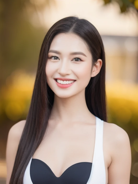 (realistic、masterpiece、Best Quality、8K、highres、high resolution:1.3)、1 girl、Huge breasts、smile, white bikini、pale white skin、looking at viewers、super fine face and eyes、long hair、indoor、 upper body、