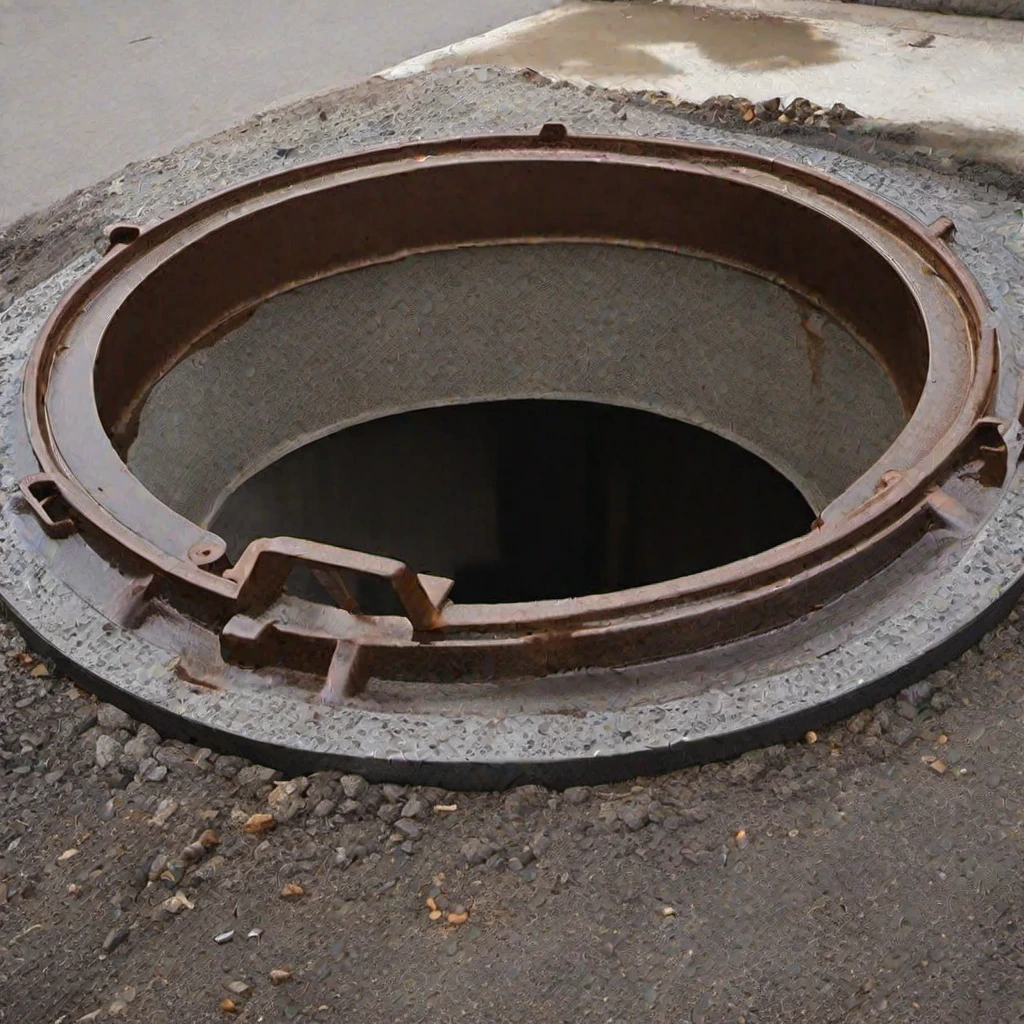 (masterpiece, best quality:1.2), Sewer manhole, open manhole, open well, rust, concrete