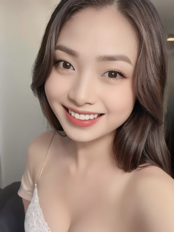 (realistic、masterpiece、Best Quality、8K、highres、high resolution:1.3)、1 girl、Huge breasts、smile, white bikini、pale white skin、looking at viewers、super fine face and eyes、long hair、indoor、 upper body、