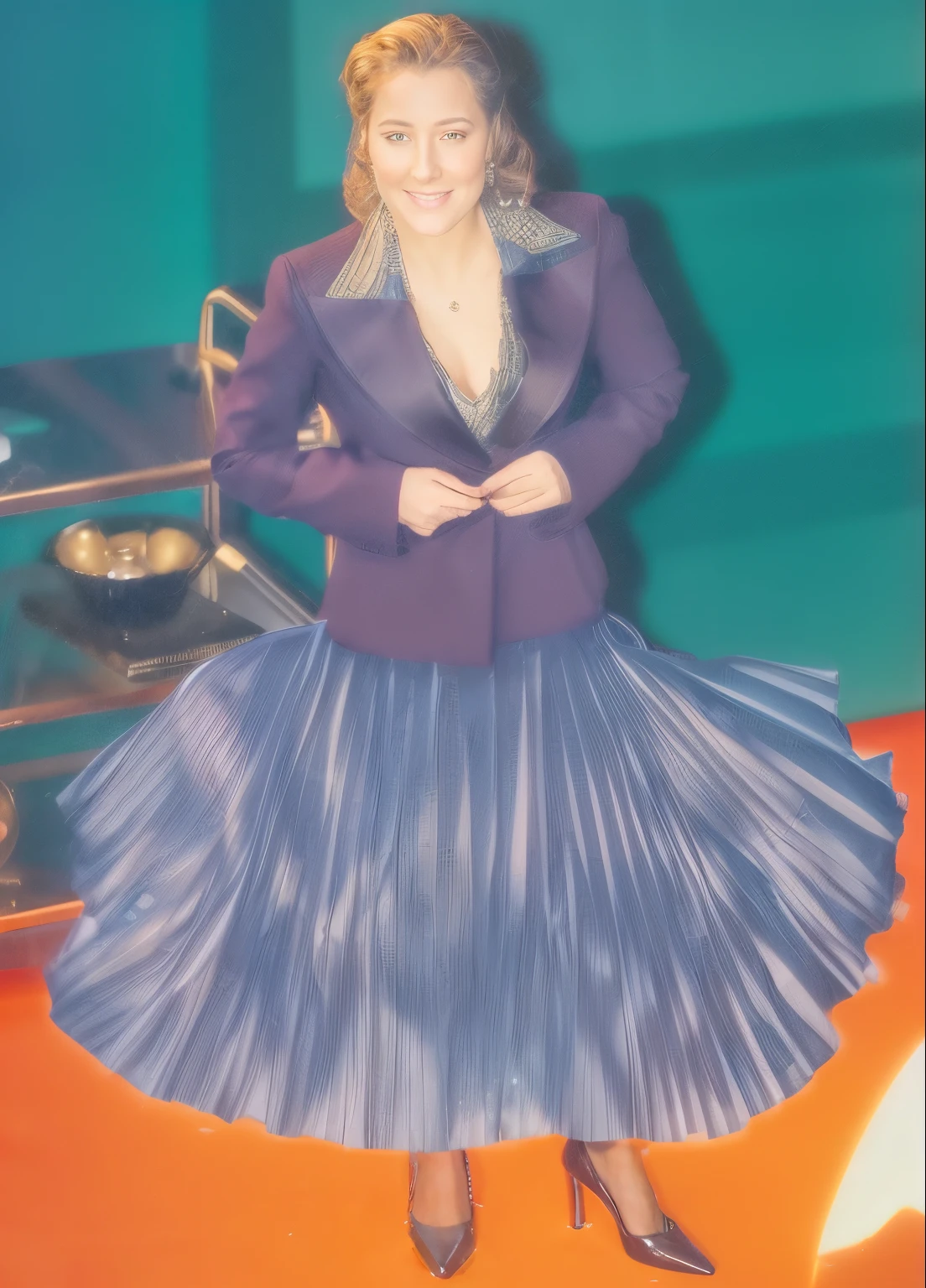 A smiling, authentic, (shy:1,3), kind, beautiful woman, is passionately in love with her skirt, touching herself while wind lifts her skirt, wearing short blazer and very, very detailed (long (fully pleated) full circle skirt) and (low heeled court shoes), very, very intricate hyper-detailed symmetric (attractive graceful young feminine face) with (sad, tired eyes and a loving smile), very voluptuous breasts, full of empathy and compassion and love, (pronounced (feminine) features), (highly detailed ultra accurate realistic) hands and fingers, (windy), epic composition, highly detailed attributes, (35mm f1.4 Kodak portra 400 photograph), extremely high quality RAW photograph, highly detailed atmosphere, sci-fi, cinematic shot, dynamic lighting, 75mm, Technicolor, Panavision, cinemascope, sharp focus, fine details, 8k, HDR, realism, realistic, key visual, film still, superb cinematic color grading, depth of field