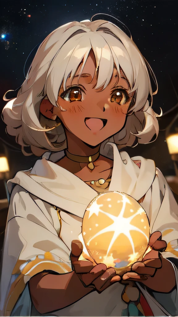 Anime AI girl, curly white hair, medium length hair, brown eyes, tanned skin, Hispanic, simple cloth, cute, starry night sky, surrounded by muilt coloers lights, eyes and mouth open wide, wide smiling, laughing, eyes sparkle with joy