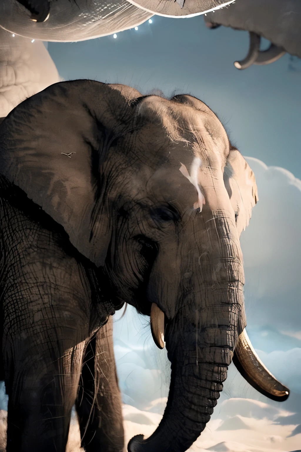(((elephant:1.3)) ((cloudy background:1.5))
A majestic elephant gracefully stands in the midst of a dreamy, cloudy backdrop. The gentle, soft light filters through the thick layers of clouds, casting an ethereal glow upon the elephant's massive form. The intricate details of its wrinkled grey skin and long, curved tusks are brought to life in stunning clarity. The thick, misty air adds a mystical stage for this grand creature, making for a truly breathtaking scene. ((best quality, masterpiece, ultra high res)) ((photorealistic:1.4)) ((authentic texture:1.3