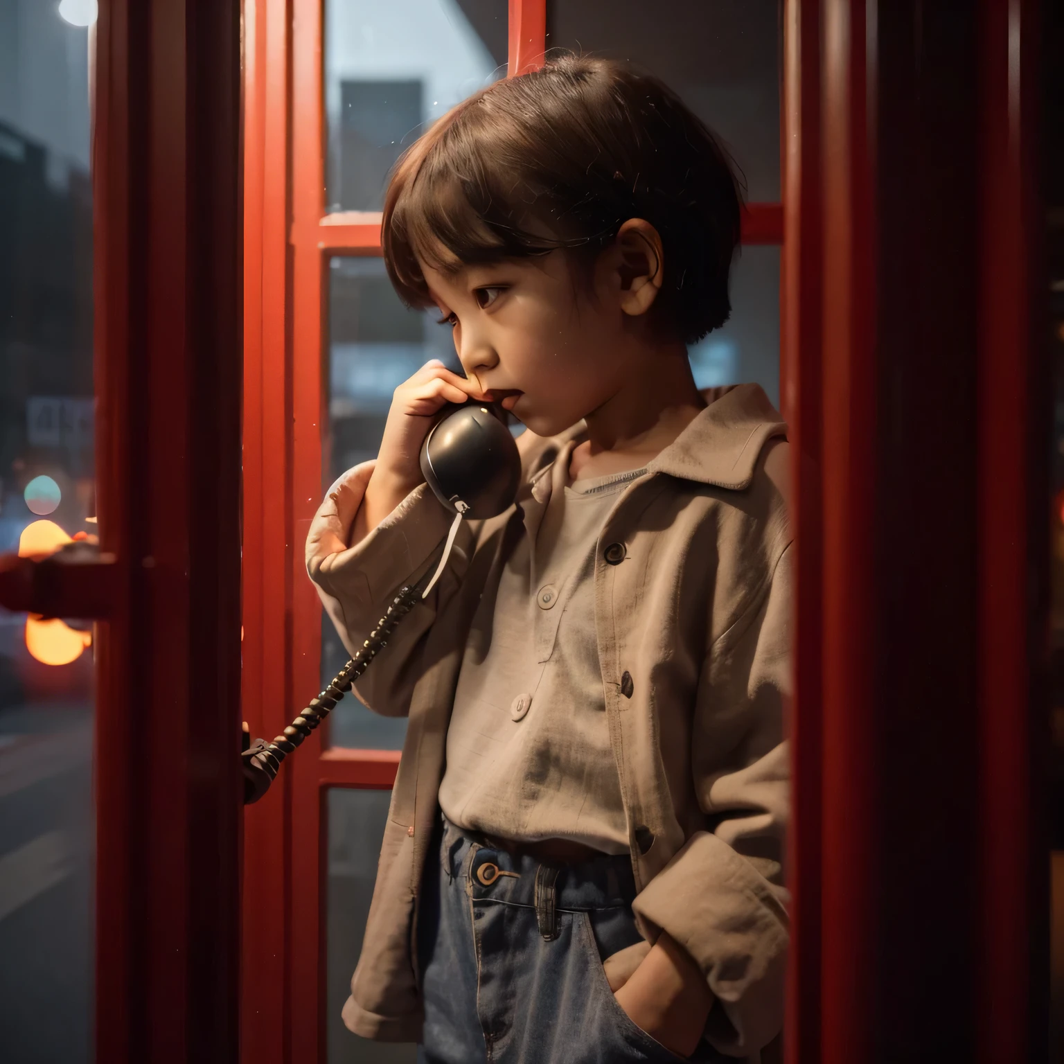 full body, 3 Korean girl with short pony hair wearing casual clothes, standing
stiffly behind the glass door of a red
telephone box, daydreaming with the
telephone receiver to his ear, dark
background with soft light bias from the
side, best angle, dark night atmosphere,
cinematic images, professional photo
shoots, promotional images, faces looking
at the camera