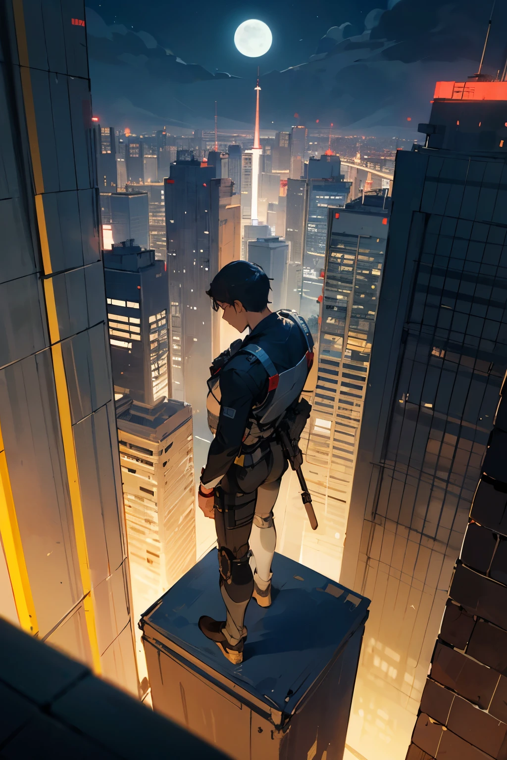 Generate an image of a man of Asian origin, with fair skin and athletic body. Ele tem cabelo liso, long and black that goes up to the waist. Your left eye is robotic or bionic, giving it a distinct and technological appearance. The man is dressed in black tactical clothing, suggesting a military or surveillance profession or lifestyle. He is standing on a roof of a skyscraper in a modern city, com luzes da cidade ao fundo. He's looking at the full moon in the night sky, giving the scene a feeling of serenity and contemplation, perhaps indicating a moment of reflection or contemplation by the character on the world around them. ((Melhor qualidade)), ((obra de arte)), (detalhado).