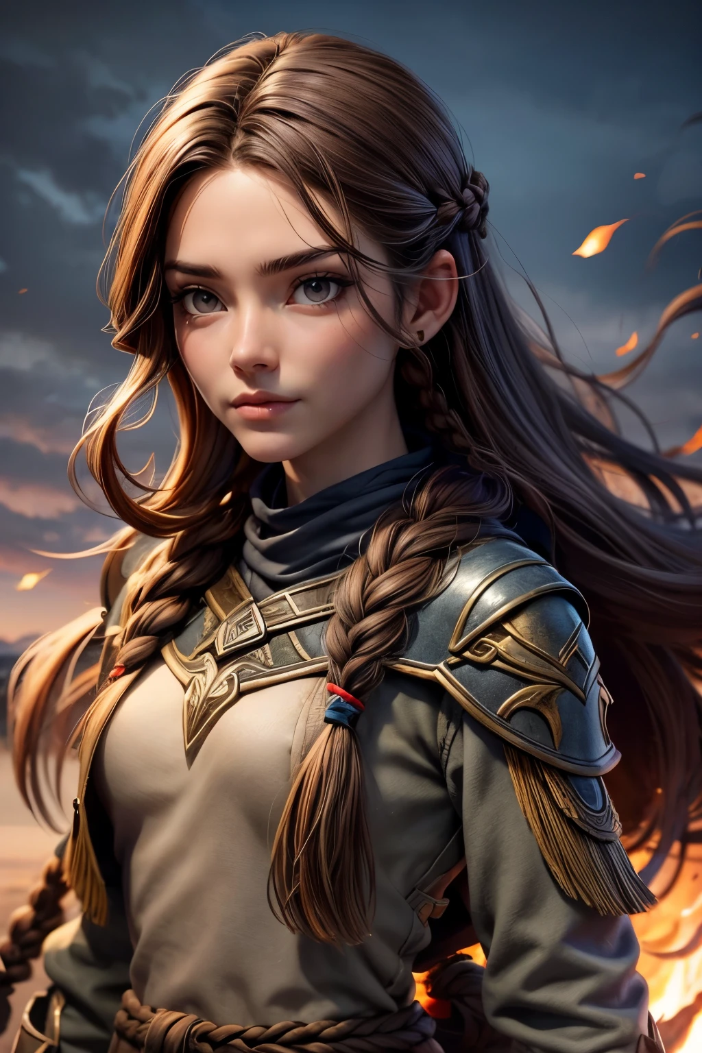 (Obra maestra, La mejor calidad) (young warrior woman of nordic descent), (Brown eyes), (Muscular), (falda de piel), (falda corta) (brown hair color),(loose hair with small braids on the scalp), (top con correa de cuero) plumas, capa sobre el hombro, bufas, (azul, gray and brown suit), (volcanes), (energy elements), (aura), (Onda), (particles, and harmony).