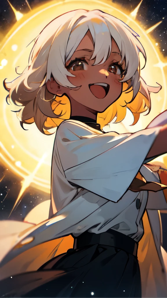 Anime AI girl, curly white hair, medium length hair, brown eyes, tanned skin, Hispanic, simple cloth, cute, starry night sky, surrounded by muilt coloers lights, eyes and mouth open wide, smiling, laughing, eyes sparkle with joy