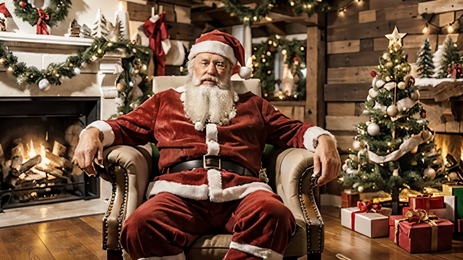 Papai Noel sitting in a chair with a christmas tree in the background, sentado no Papai Noel, santa, Papai Noele, Papai Noel, 🕹️ 😎 🔫 🤖 🚬, he is greeting you warmly, imagem de alta qualidade, 💋 💄 👠 👗, in a comfortable chair, holiday season, 🤬 🤮 💕 🎀, santa inside a rustic barn