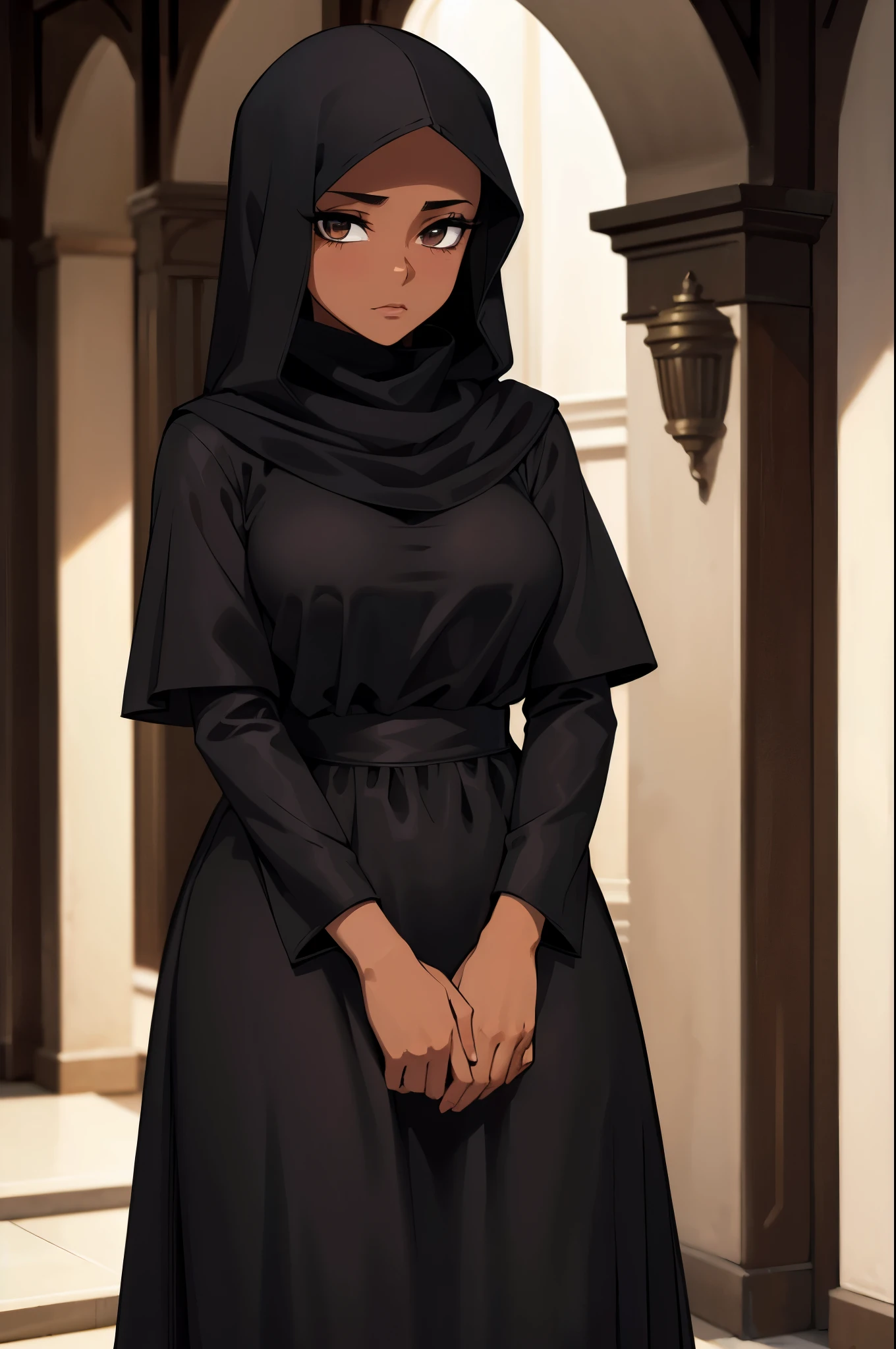 (Masterpiece, Best quality:1.3), dark brown skin, arab, (hijab), seductive look, shy, has a deep secret, viewer_pov, long black dress, longsleeve, full black bodysuit, closed dress