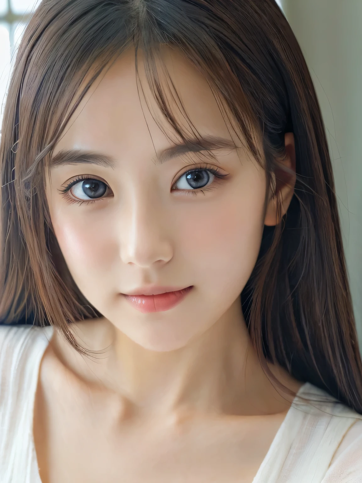 (((32k,high details,high detail、masterpiece,attention to detail,alone))),Raw photo & realistic atmosphere,beautiful dark blue eyes,detailed mouth,glossy lips,thin eyebrows,fine eyes、Soft white skin that shines in every detail、her deep black eyes are so beautiful,lip details、very beautiful face,very well-shaped face、lifelike face,shining beautiful lips,beautiful eyebrows,infinite reality, Realistic young gravure idol,she'she'she'she'she'she's a very cute woman , young gravure idol, young gravure idol, Very beautiful and cute 22 years old beautiful girl,incredibly beautiful and classy,22 years old beautiful girl,natural soft light,(shiny hair,,Beautiful and kind eyes:1.5),gentle smile,well-shaped chest,medium long hair,tie hair,beautiful posture,no makeup,think ahead,