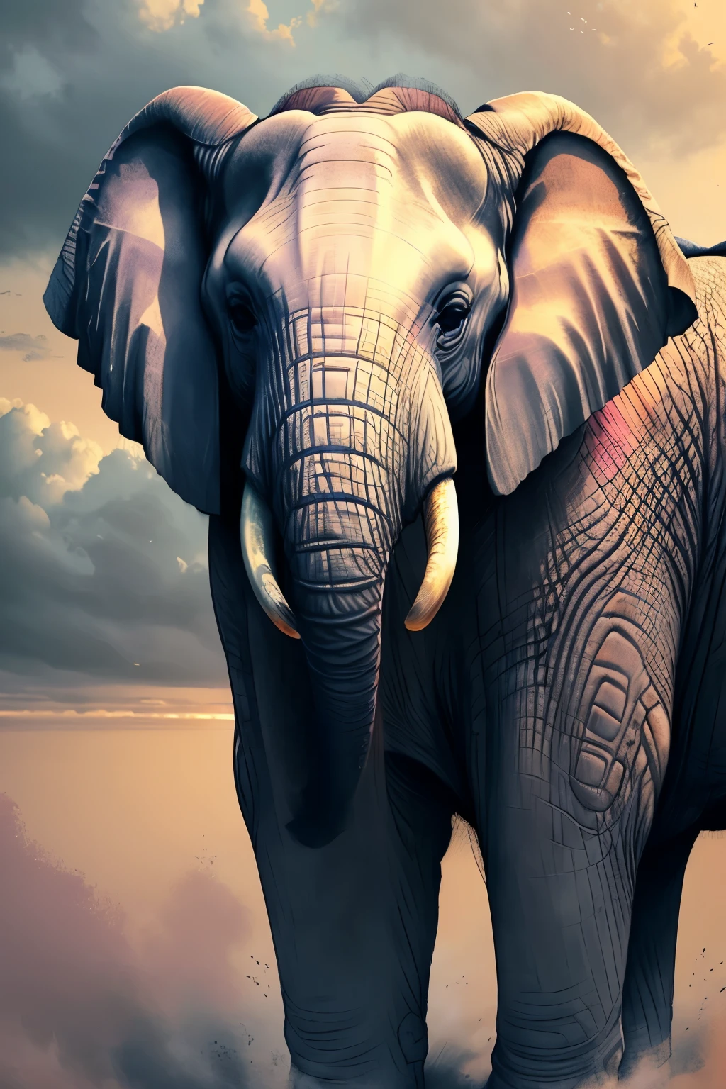 A realistic depiction of an African elephant in a vibrant and moody cloudy background. The elephant's massive gray body is covered in wrinkled, textured skin, with intricately detailed ears and a powerful, curved trunk. Its eyes are bright and intelligent, full of wisdom and understanding. The background is filled with a rich tapestry of colors, from soft pinks and purples to bold oranges and yellows. The clouds are layered and textured, some with soft, wispy edges and others with sharp, defined lines. The scene is rendered in ultra high definition, 8K resolution, bringing every detail to life with stunning clarity and realism.