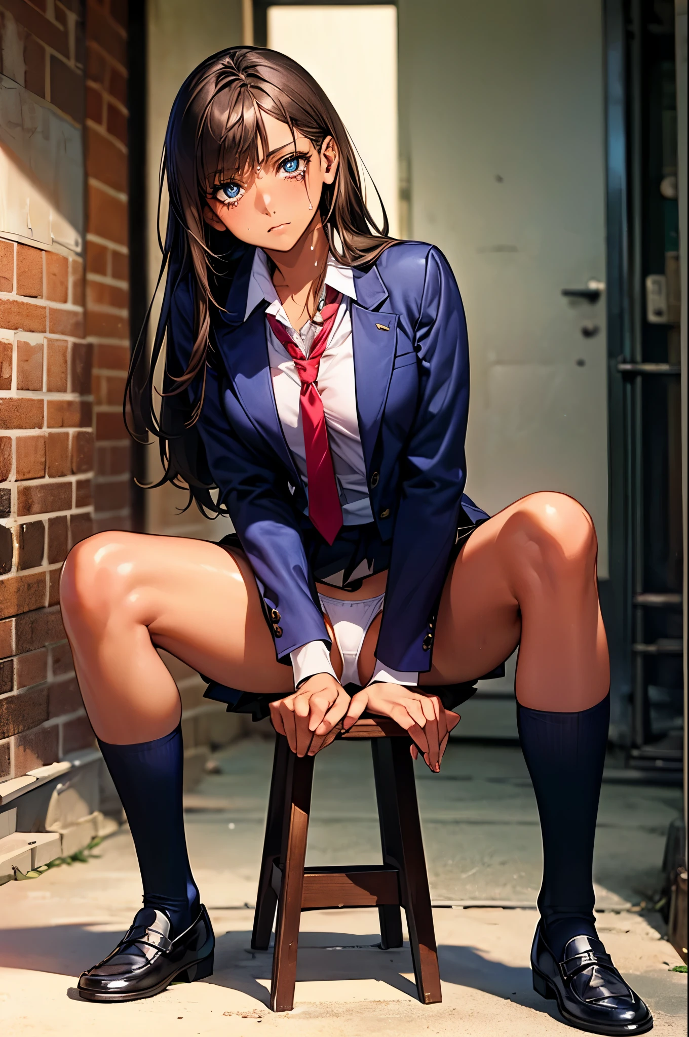 nsfw,((perfect anatomy:1.2,realistic:1.3,RAW Photography:1.3,masterpiece、highest quality、Ultra - High resolution、High resolution、Highly detailed CG、8K)),whole body,1 female,solo,18 year old beauty, Japanese、((beautiful detailed face and eyes:1.2,big gorgeous eyes:1.2)),dark brown hair,long hair,bangs,medium breasts,slender body,small head:1.4,skinny,(brown skin:1.5),(oily skin,gleaming skin,shiny skin,sweat),(School uniform、navy blue blazer、red tie、pleated navy mini skirt、white panties、love juice、navy blue socks、Black Loafer Shoes),sitting,spread legs:1.5,dark warehouse、