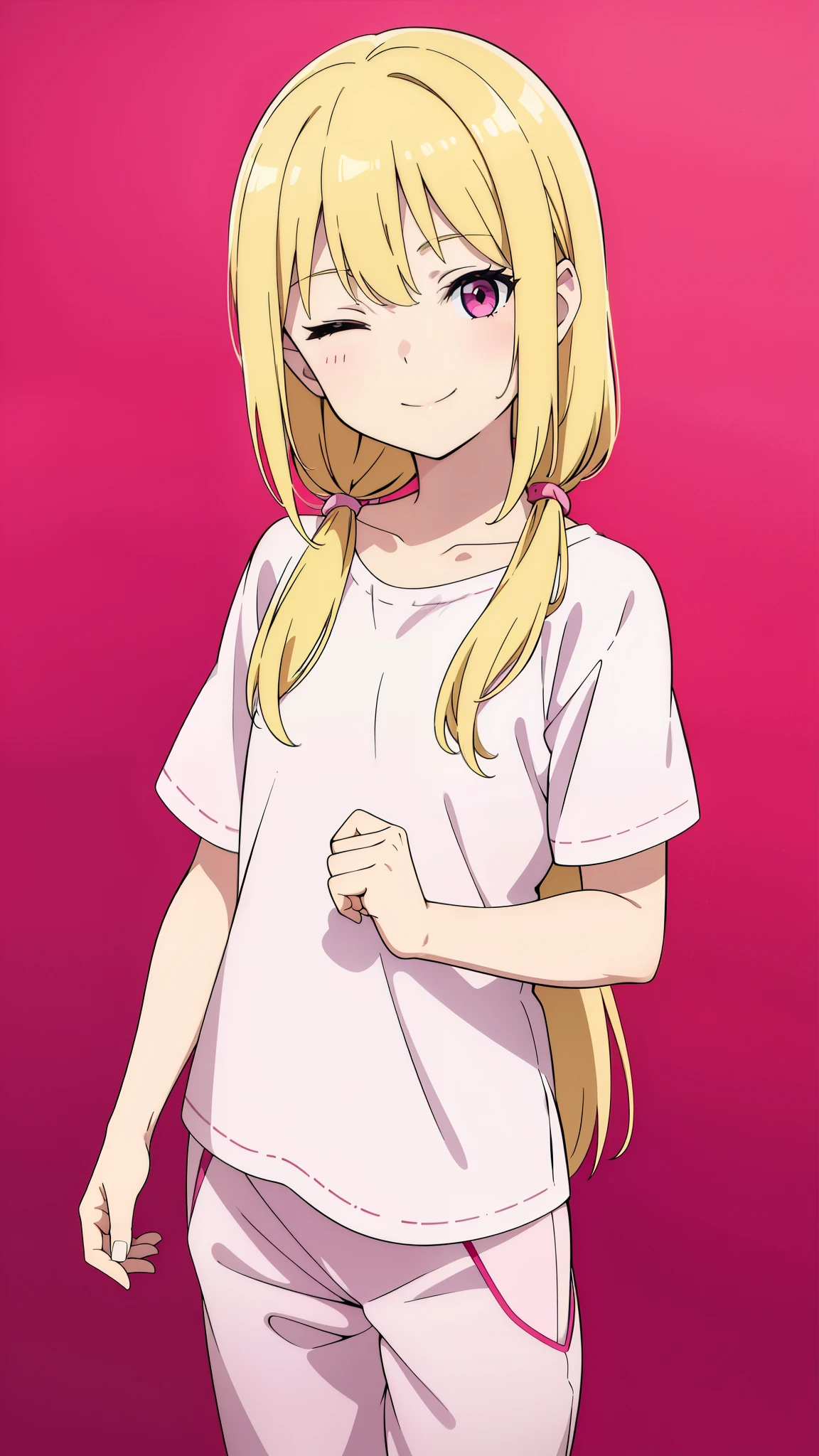 (1girl,8 years old,small),blonde hair,long hair,pink pijama ,short sleeves,smile,(white background),one eye closed,smile,