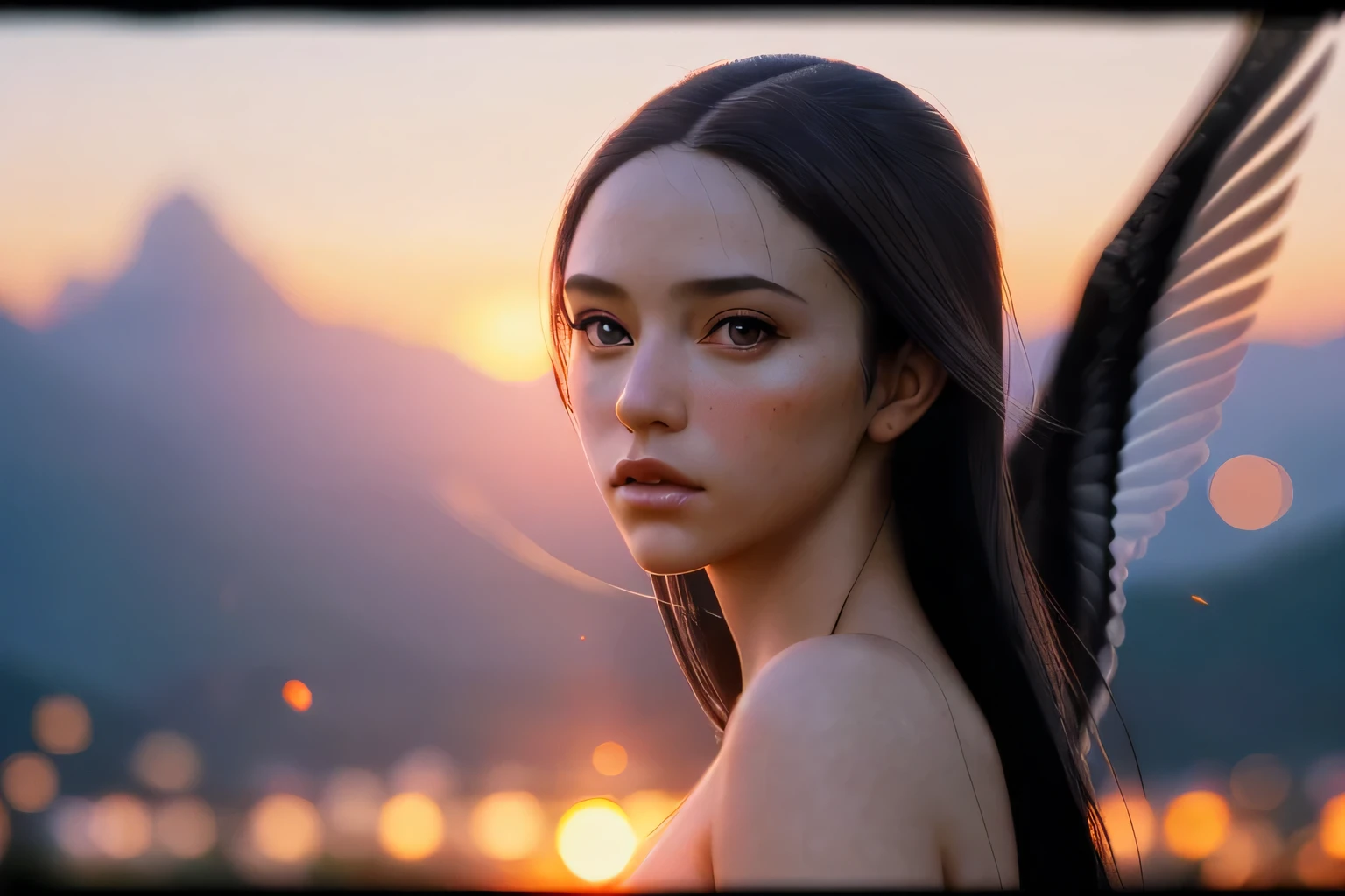 (masterpiece), (very complicated:1.3), (realistic), girl portrait, the most beautiful in the world, (hummingbird-like wings), outdoor, intense sunlight, distant mountains, Stunning female professional photo details, sharp focus, dramatic, Award history, cinematic lighting, Octane Rendering Unreal Engine, volumetrics dtx, (film grain, blurred background, blurred foreground, Bokeh, Depth of the bounds written, sunset, motion blur:1.3), hagoromo